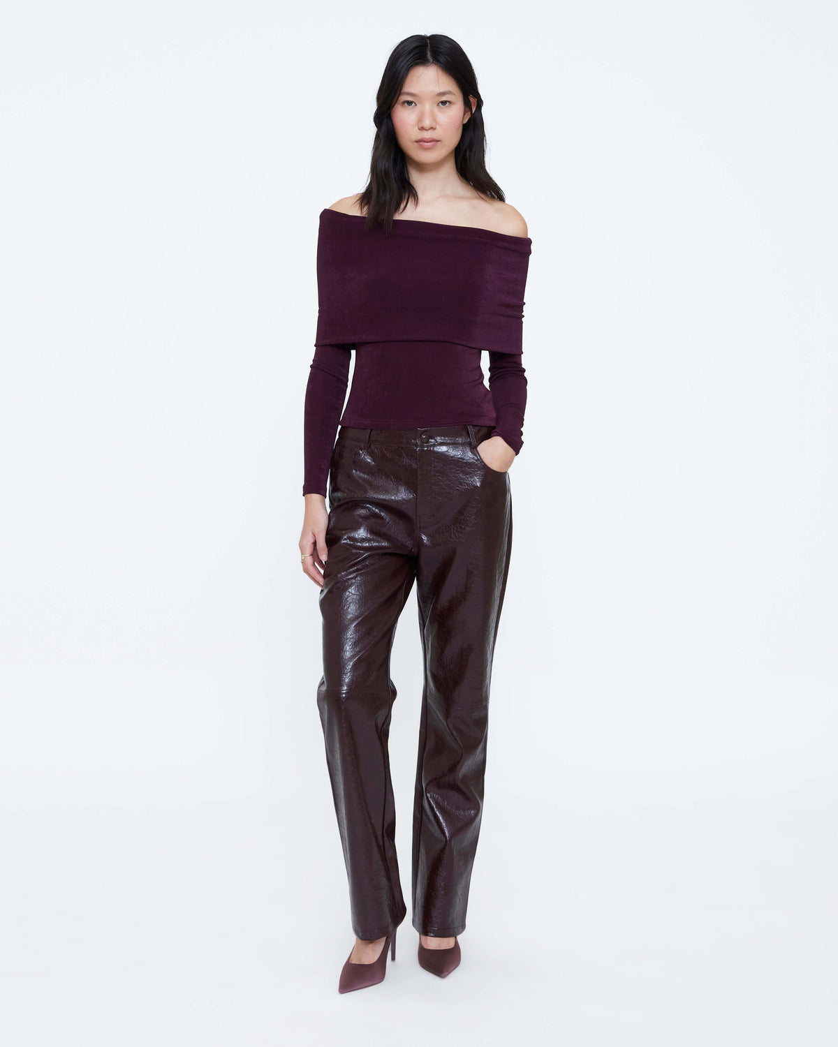 Wild Pony Burgundy Off-the-Shoulder Top styled view