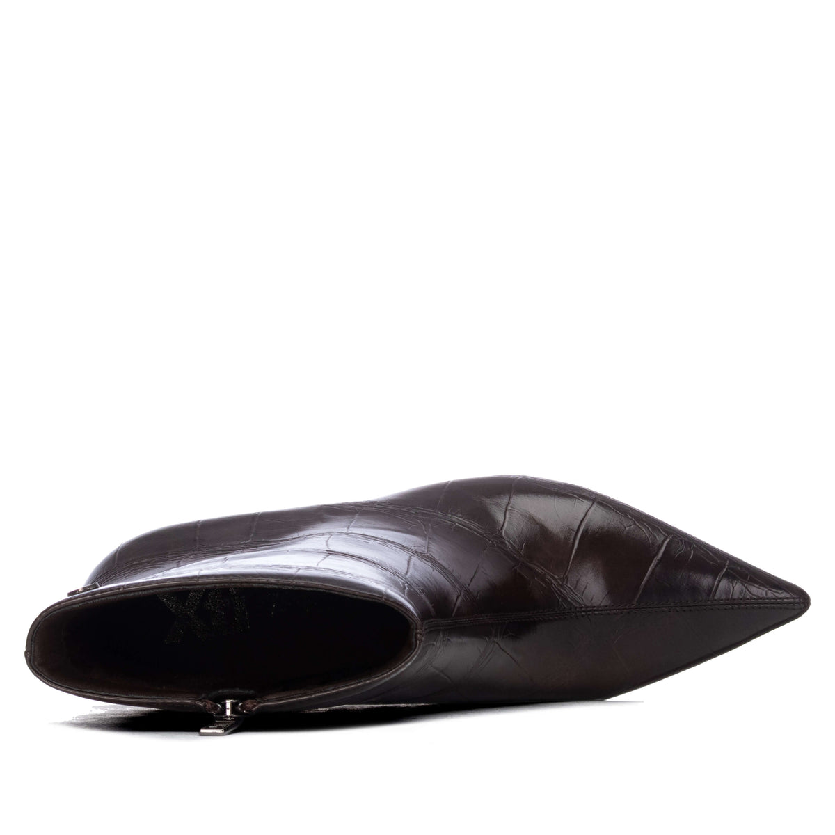 A dark brown pointed-toe ankle boot with a glossy crocodile-embossed texture from Xti