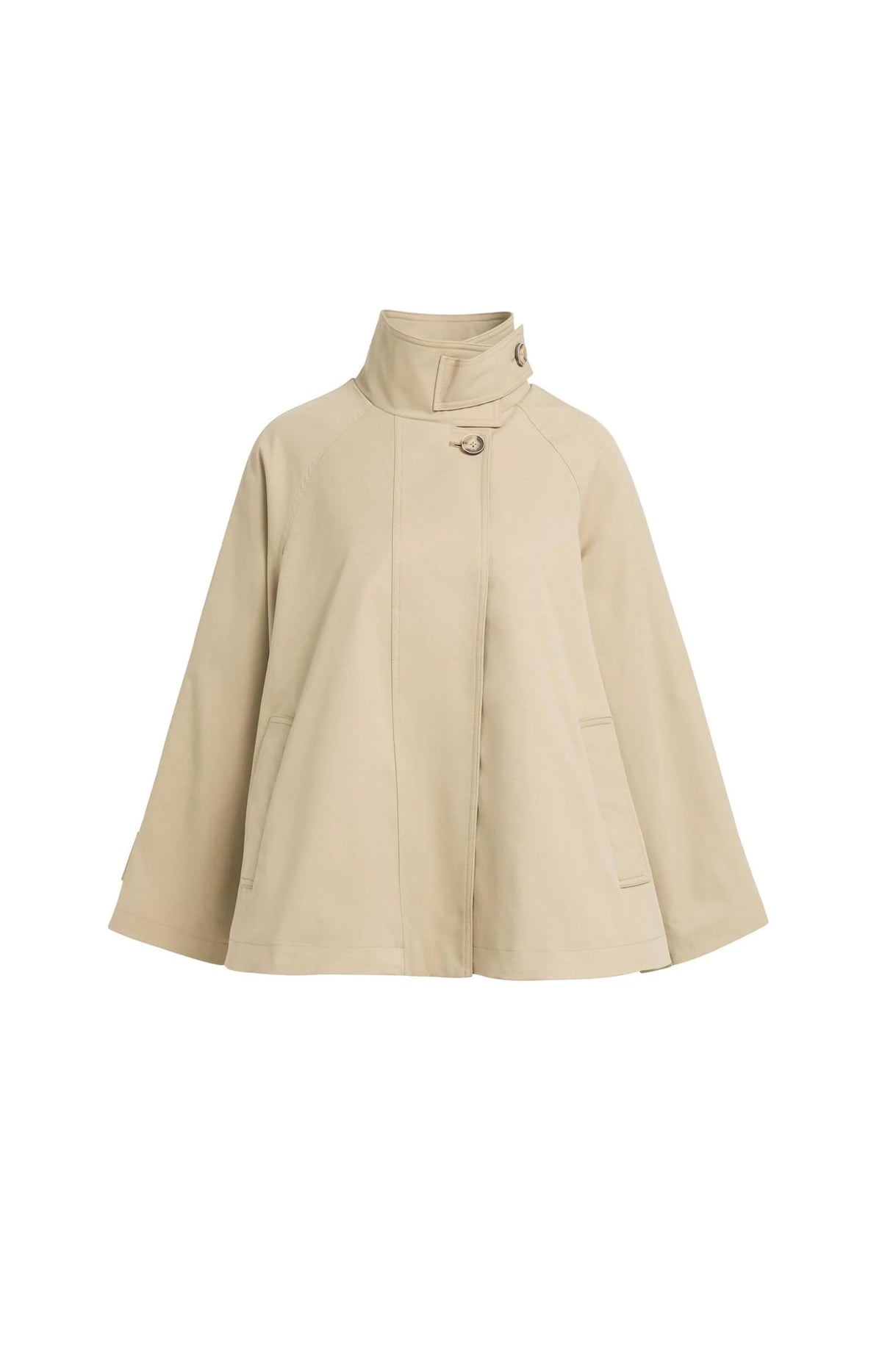 A light beige cape-style jacket with a high mock neck collar and a single decorative button at the neckline from YAYA