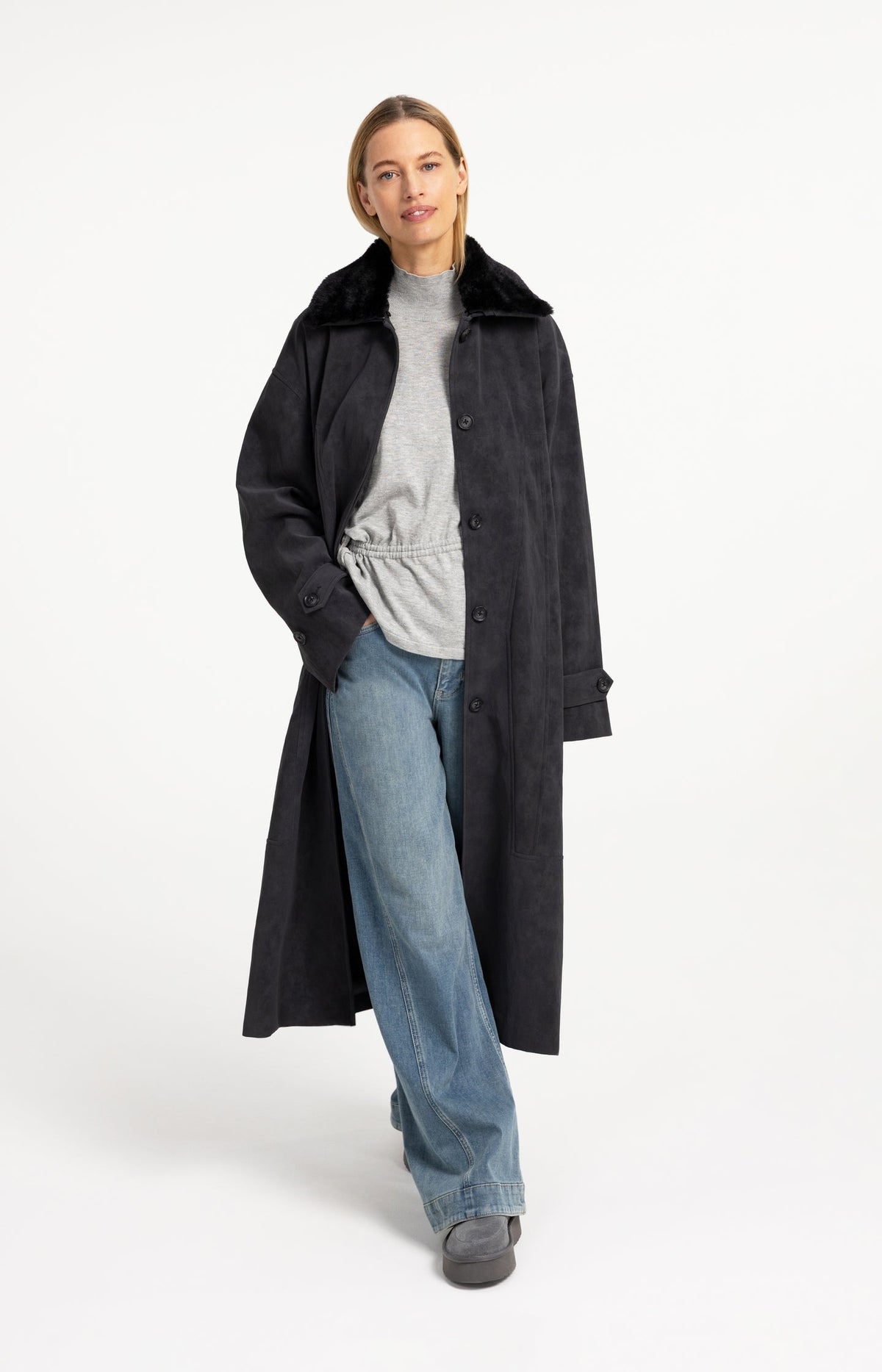 YAYA faux suede coat on model