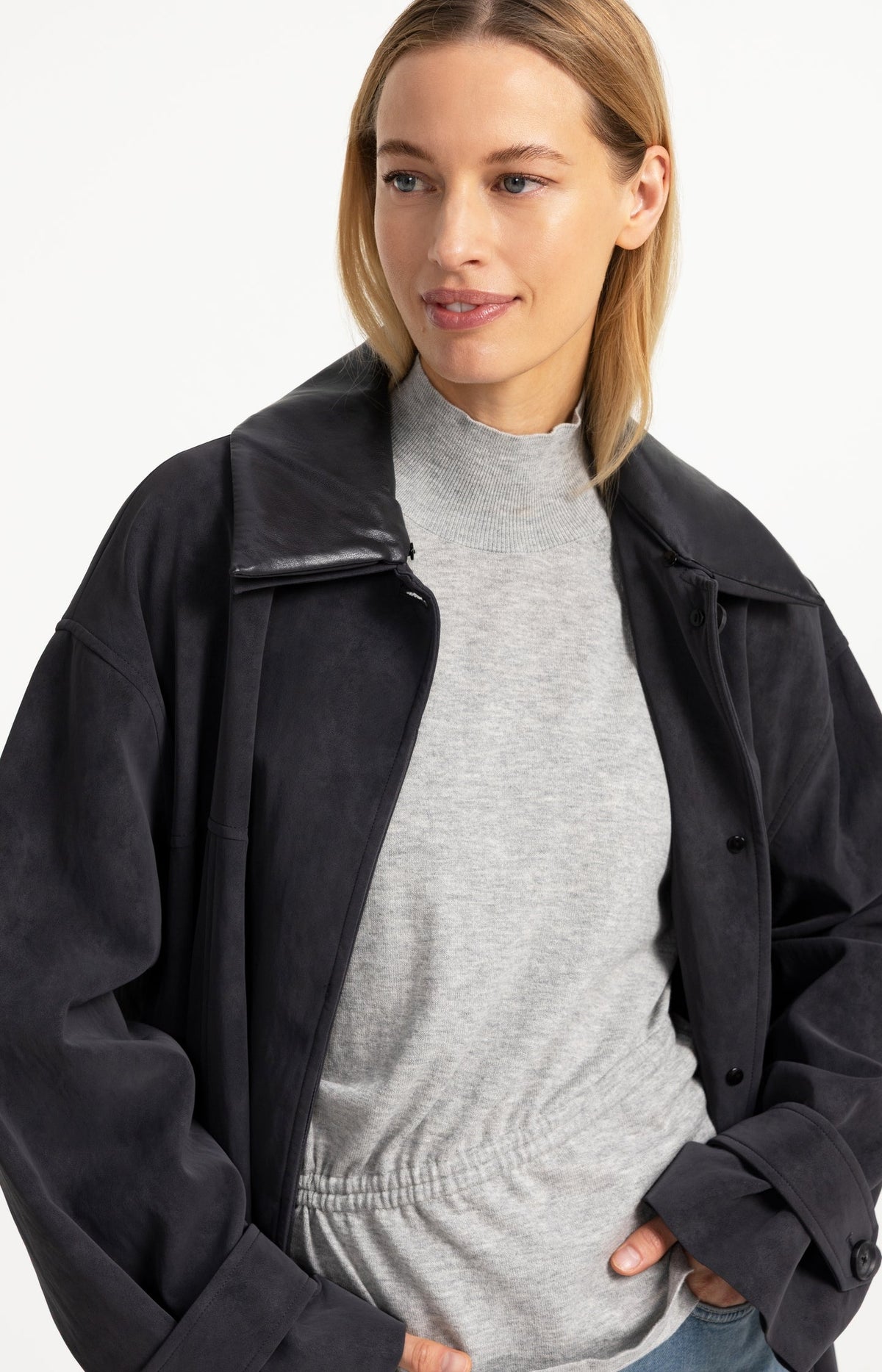 YAYA faux suede coat with detachable faux-fur collar