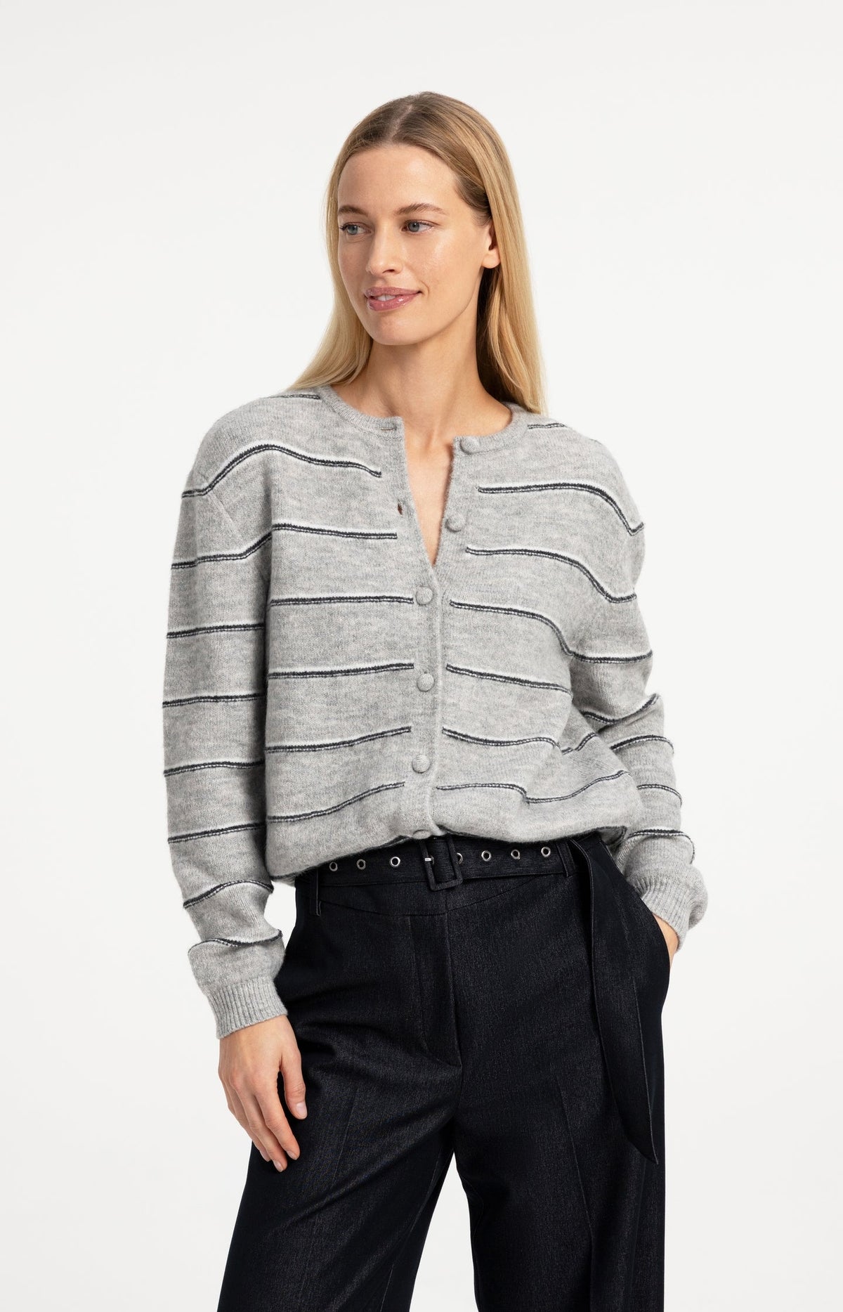YAYA round-neck cardigan with button front on the model