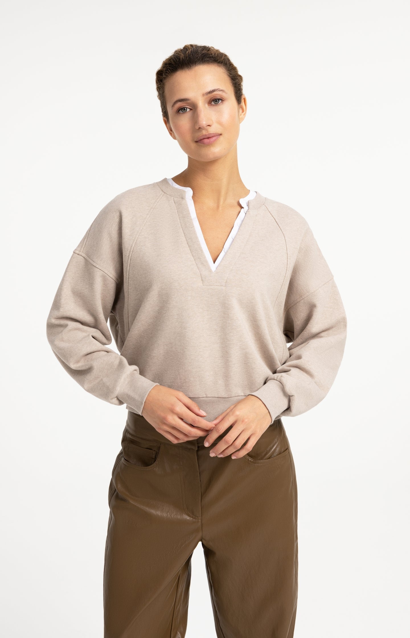 YAYA V-neck sweatshirt with a woven collar, front view