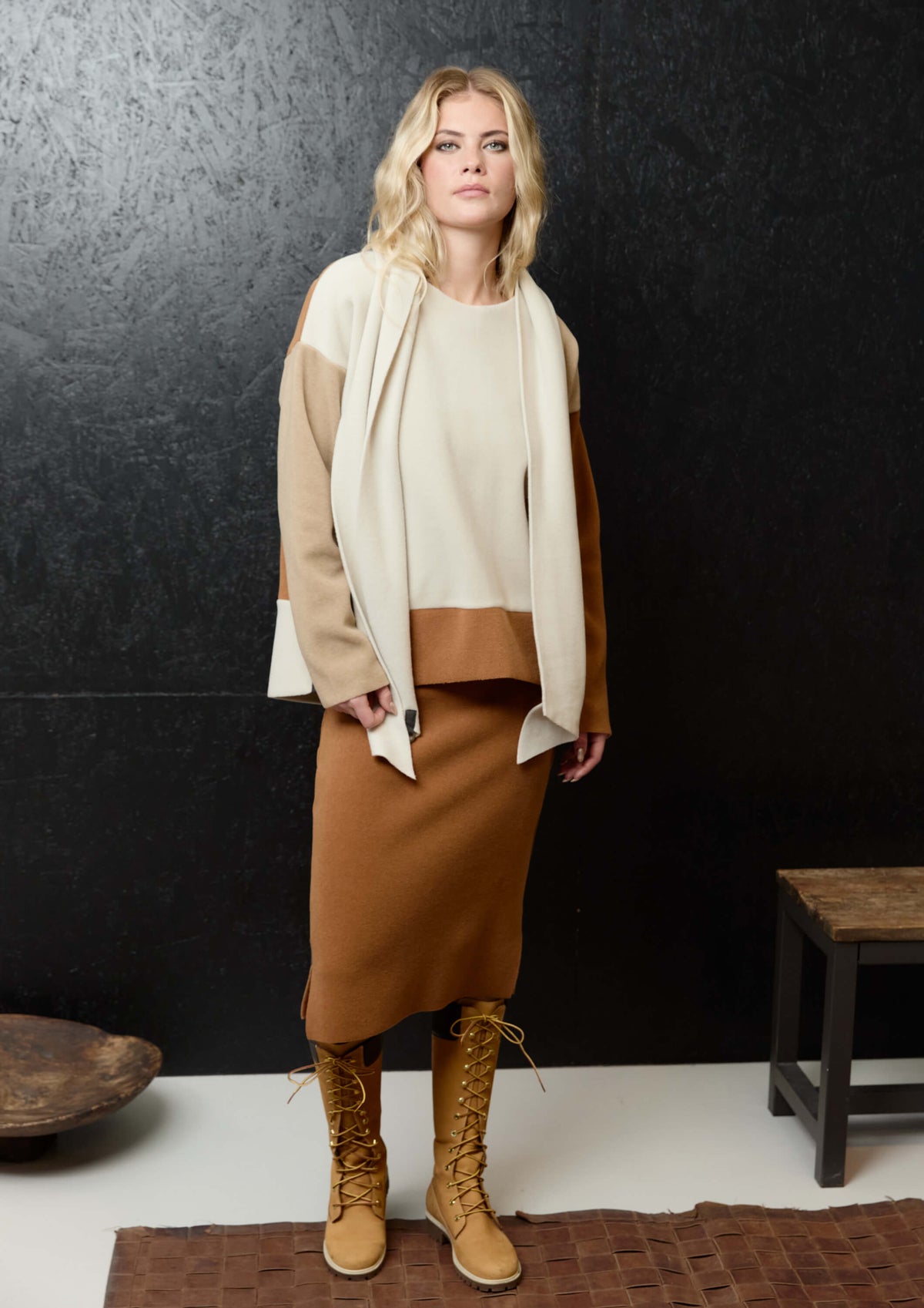 HSCPH fleece blouse with a relaxed boxy silhouette and patchwork panels