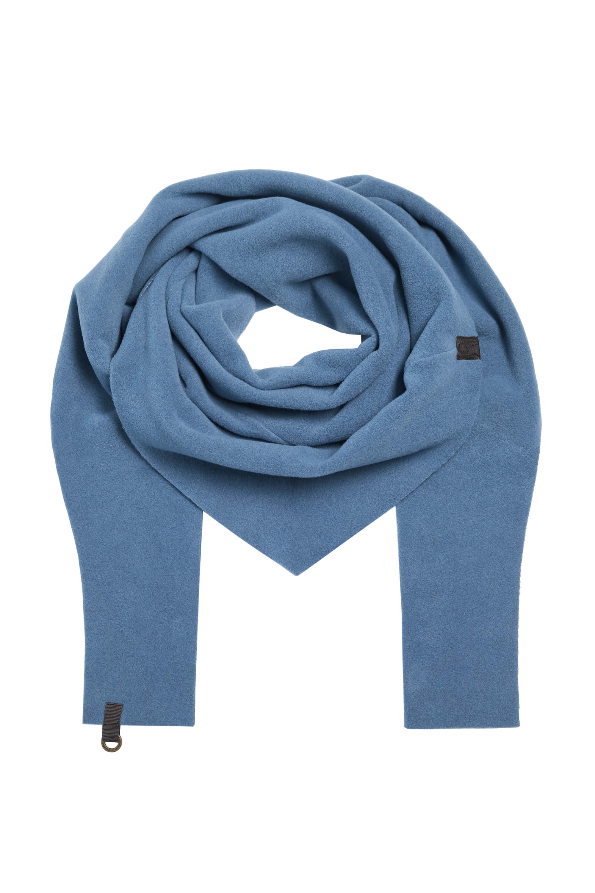 A dusty blue triangle fleece scarf.