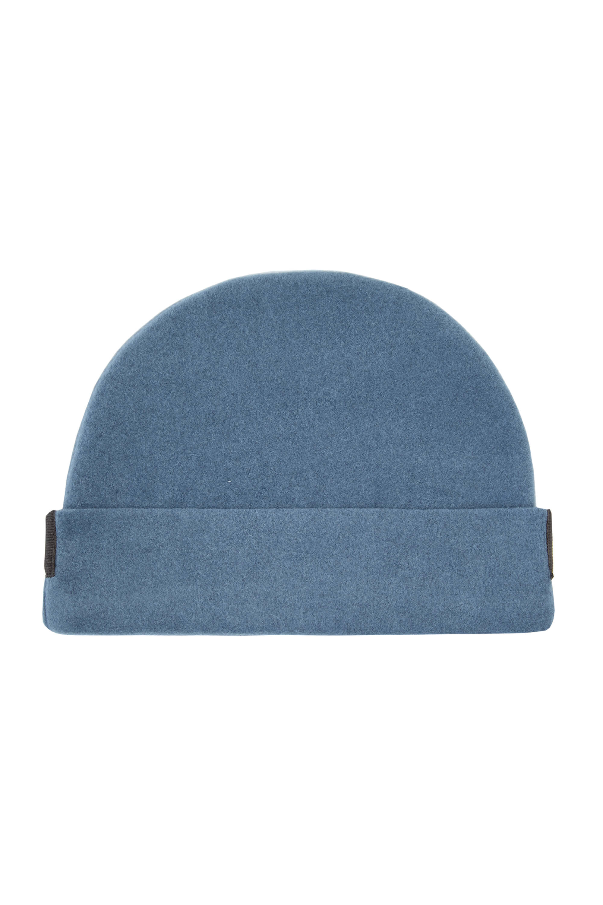A dusty blue fleece beanie hat with a folded cuff.