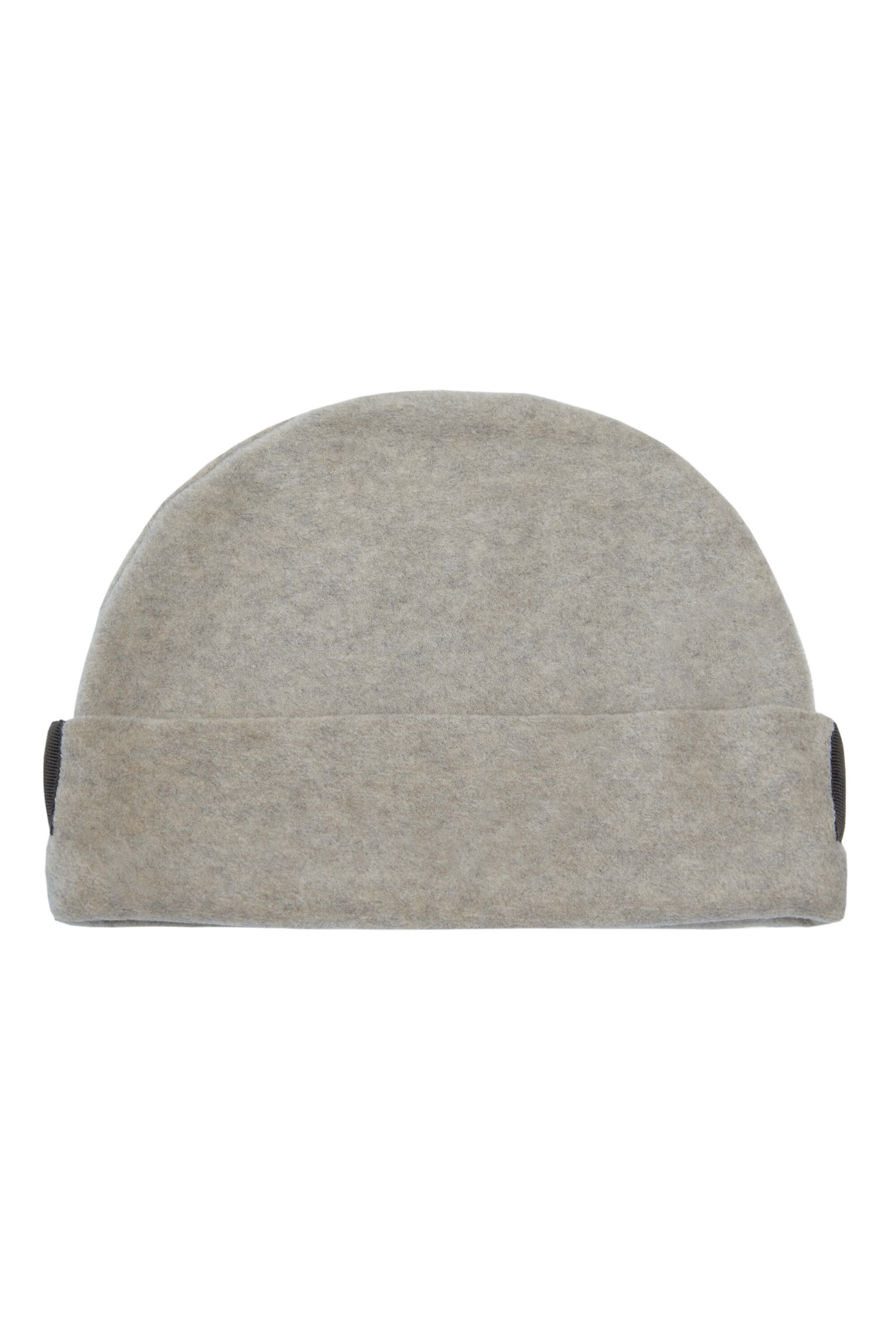 A light grey fleece beanie hat with a folded cuff.