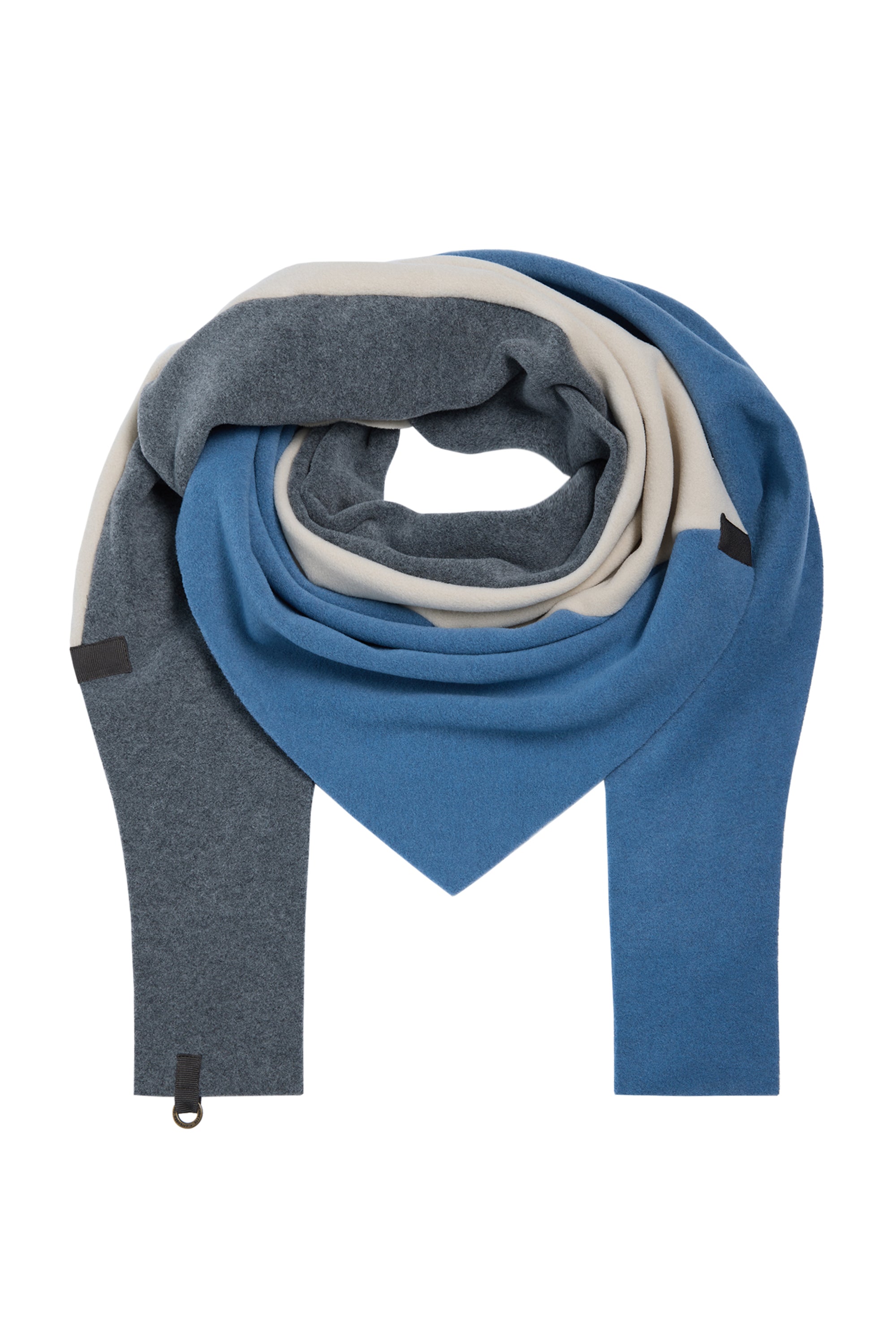 A fleece scarf with three stripes of  blue, light grey, and cream, featuring a triangular folded shape and small black fabric tags with metal rings on the ends.