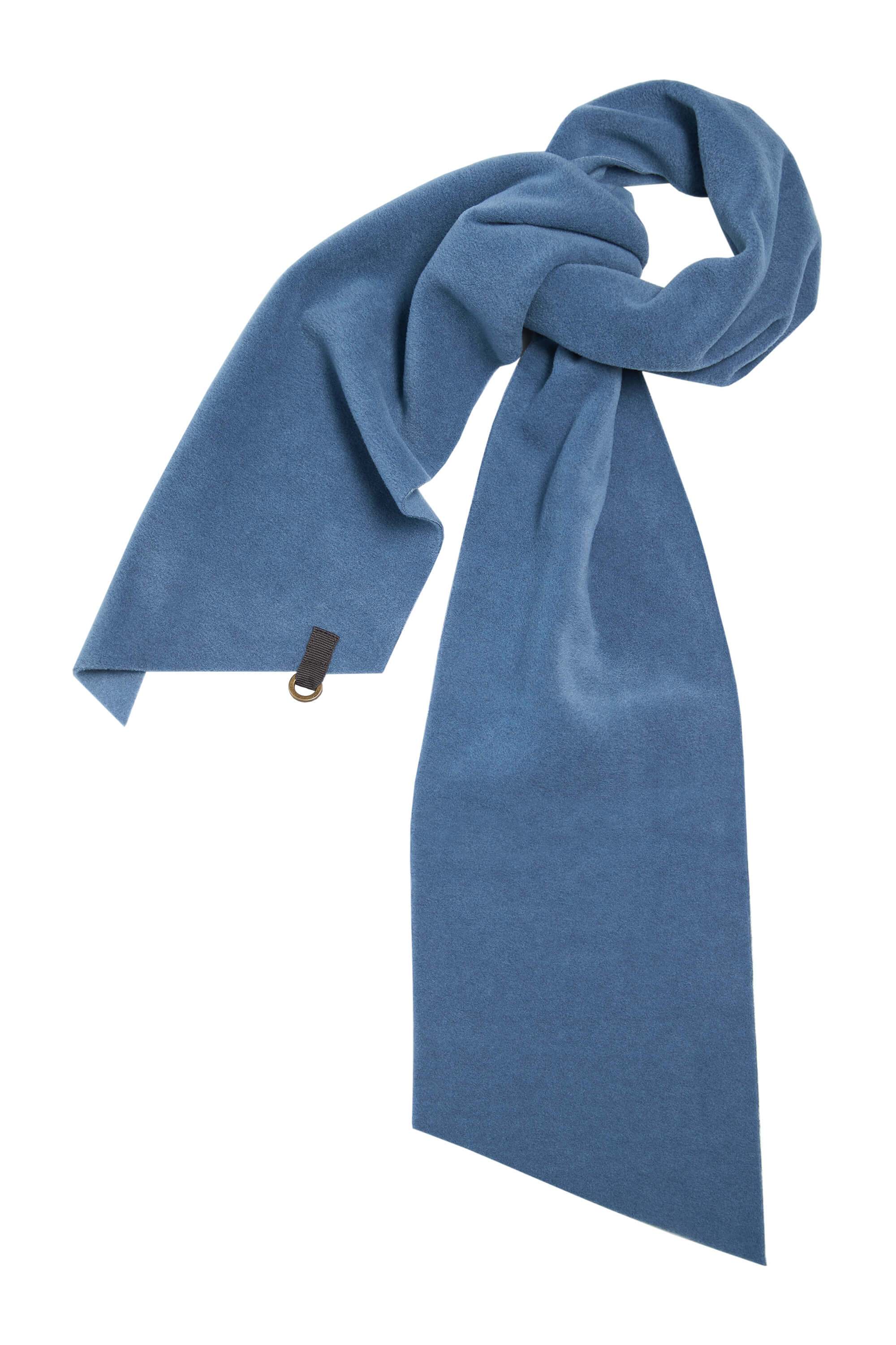 Blue fleece scarf with a brand tag.