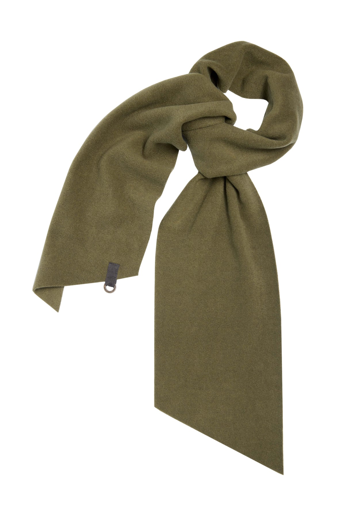 An olive green fleece scarf with a small dark gray fabric tag and metal ring from HSCPH
