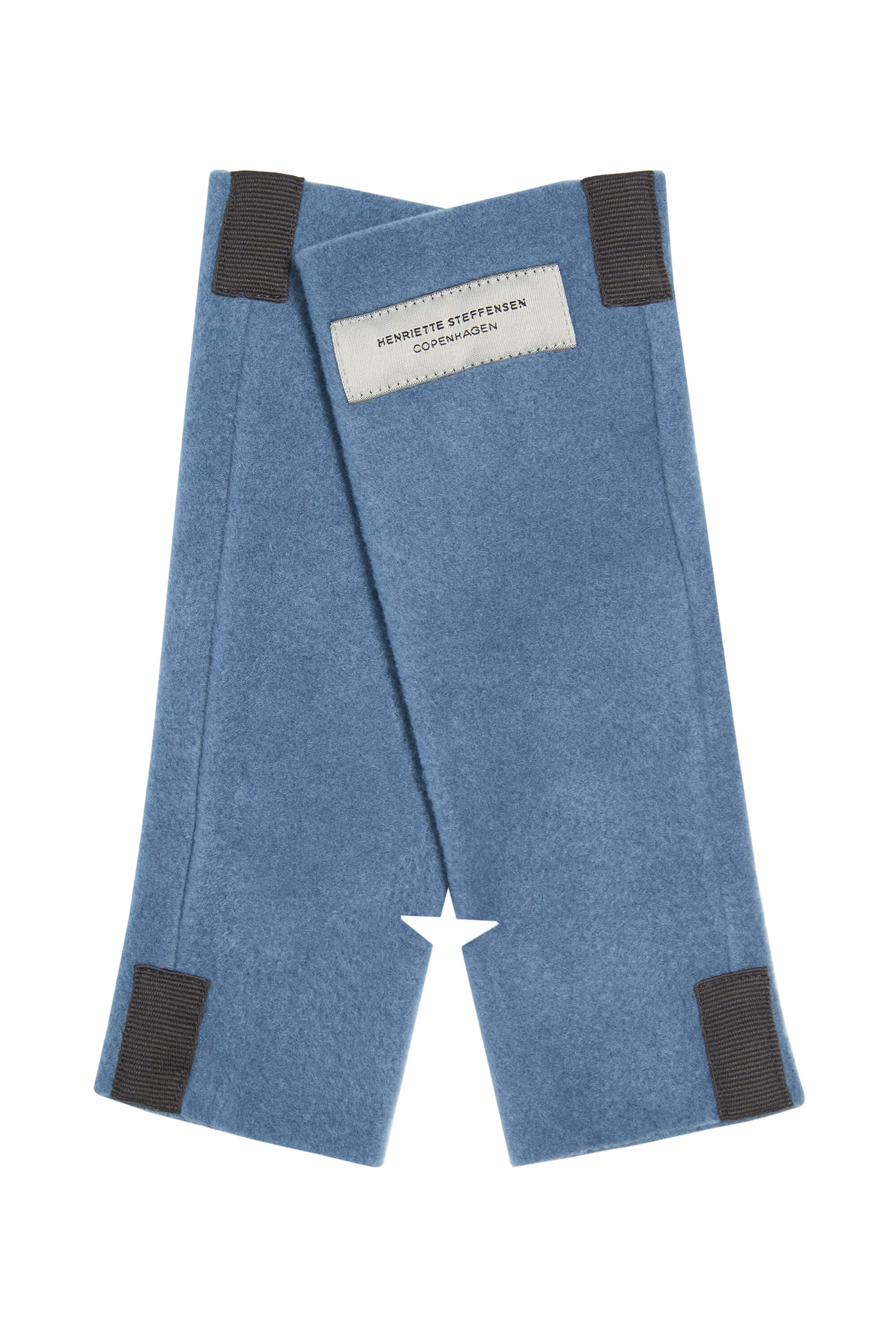 A pair of blue fleece wrist warmers.