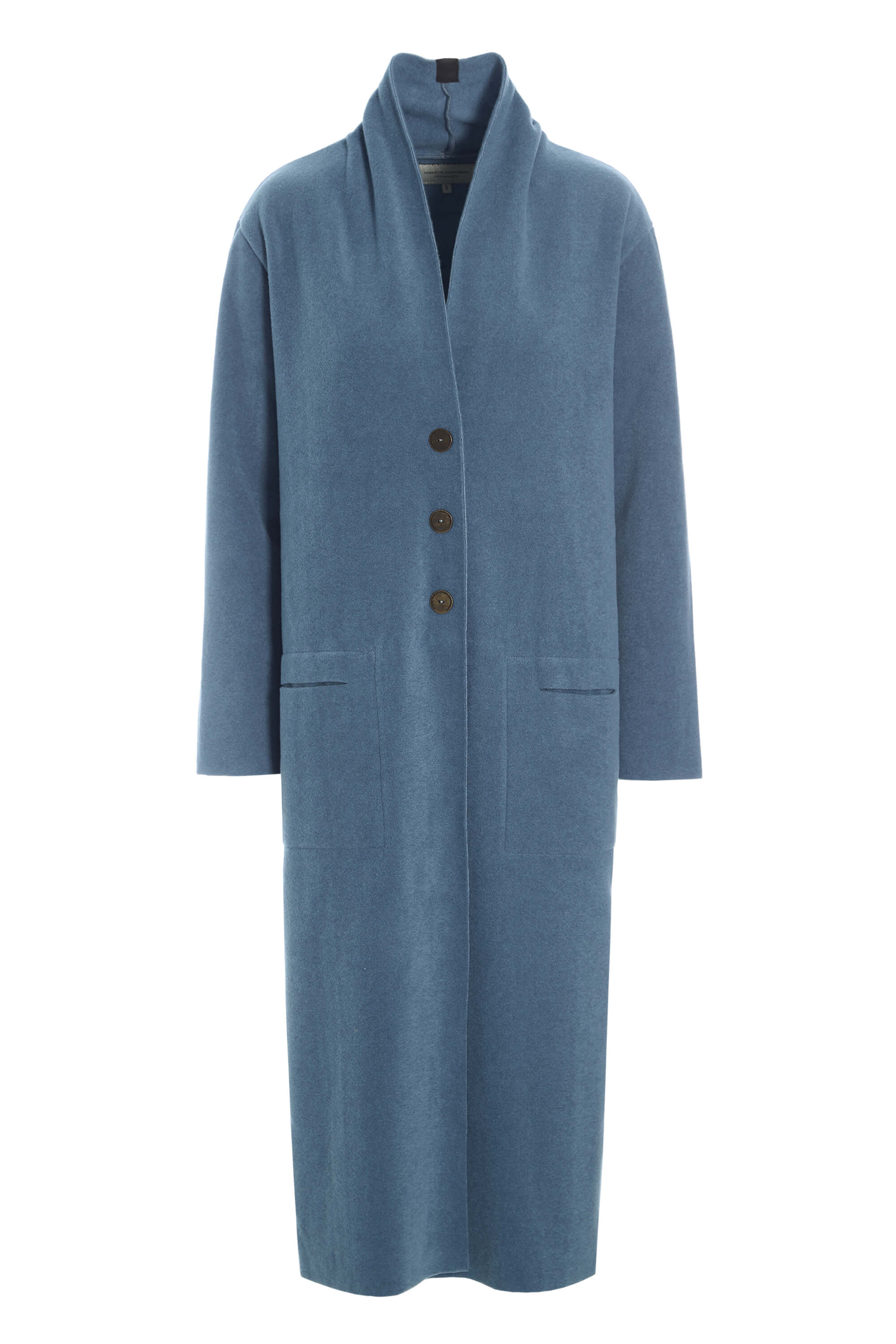 A long-sleeved, mid-length blue coat with a shawl collar, three-quarter front buttons, and front patch pockets, shown against a plain white background.