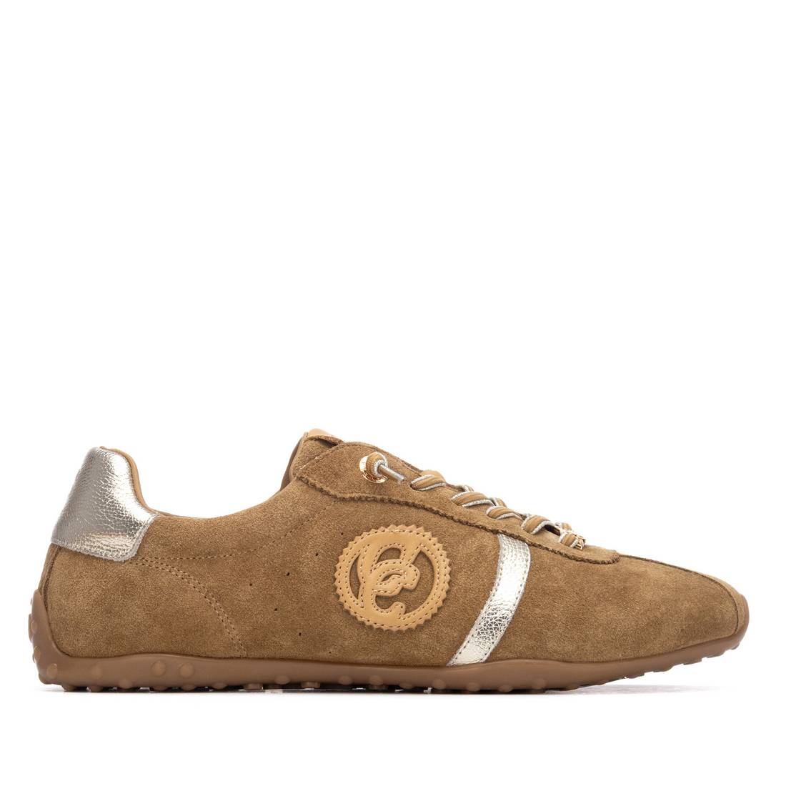 Brown sneaker with gold and silver accents 