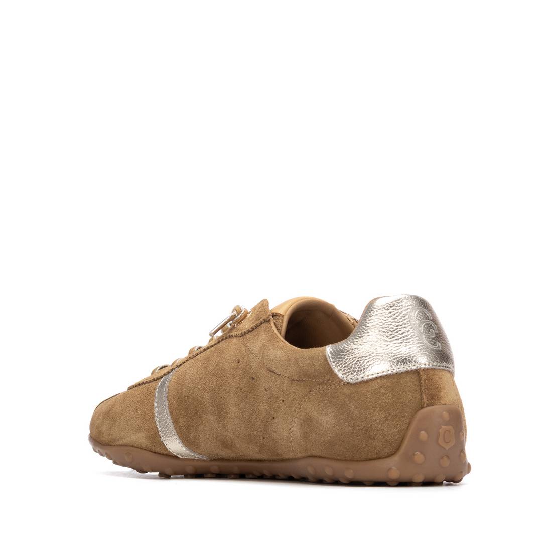 Brown sneaker with metallic gold accents 