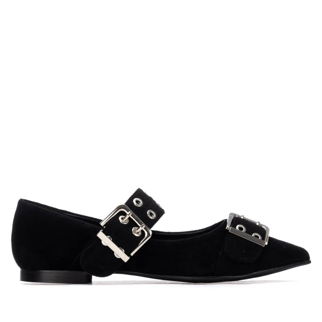 Black suede-feel shoes with silver buckles 