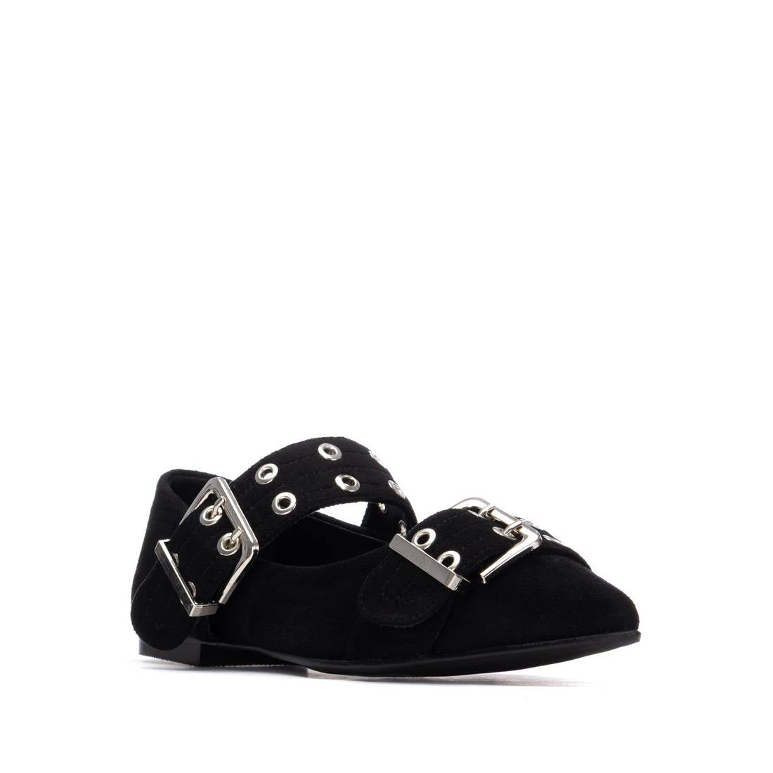 Black suede shoe with silver buckles and pointed toe
