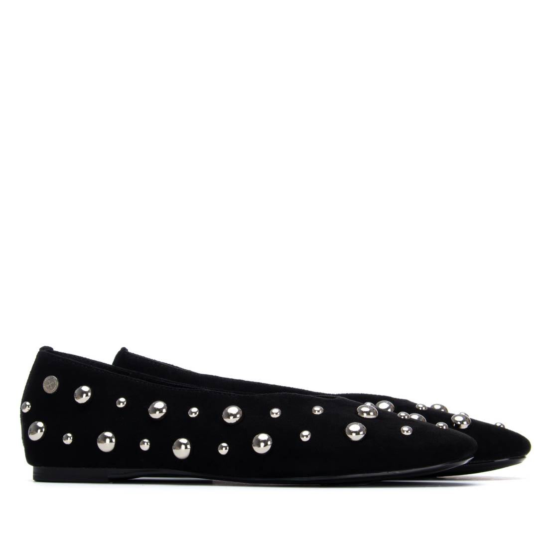 Black faux suede flats with silver details