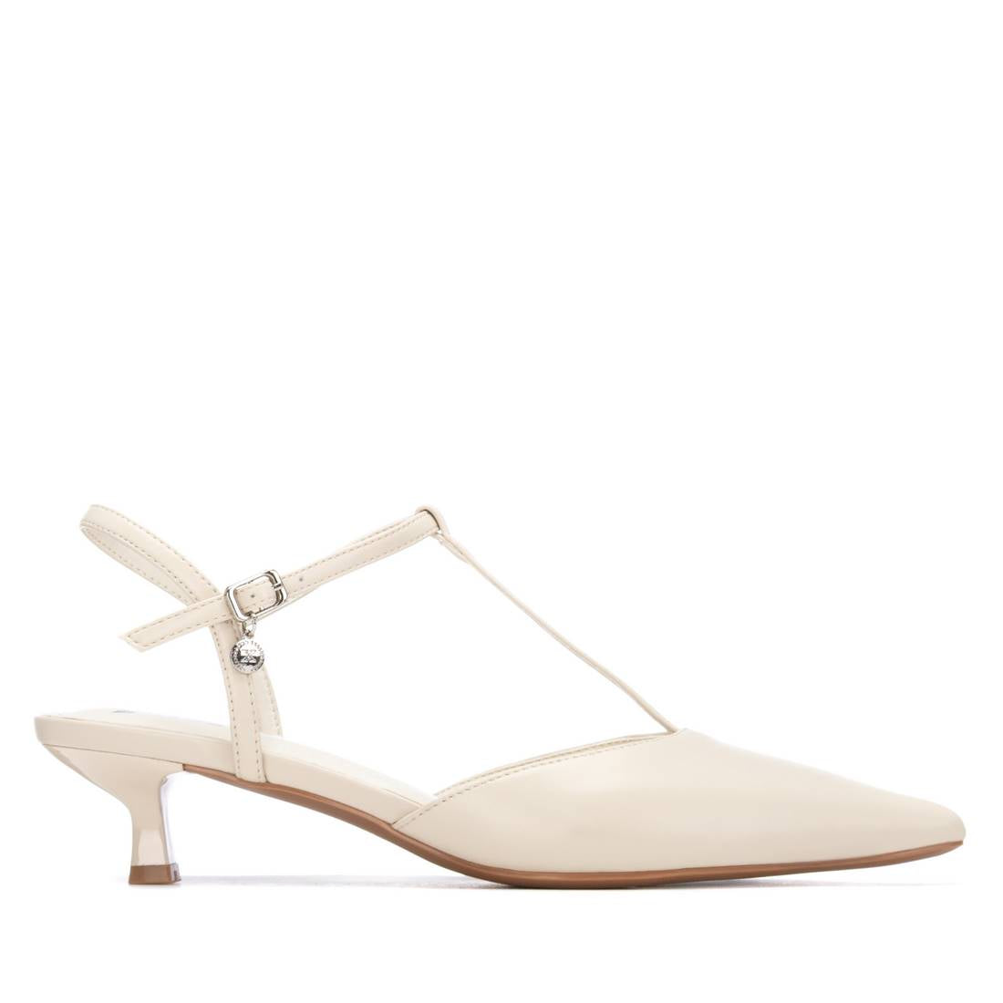 Cream kitten heel shoe with slingback strap 