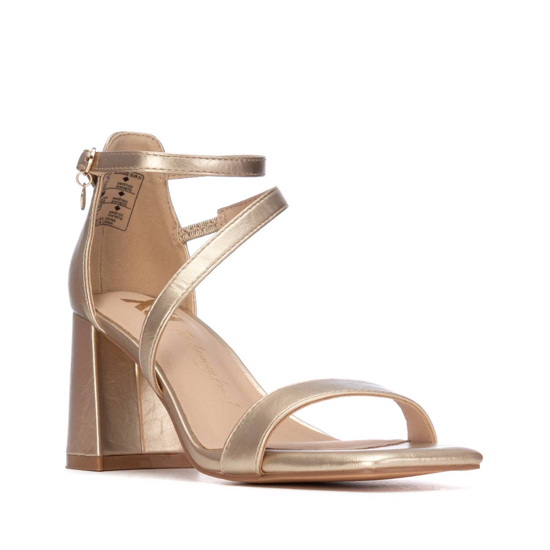Gold high-heeled sandals with straps