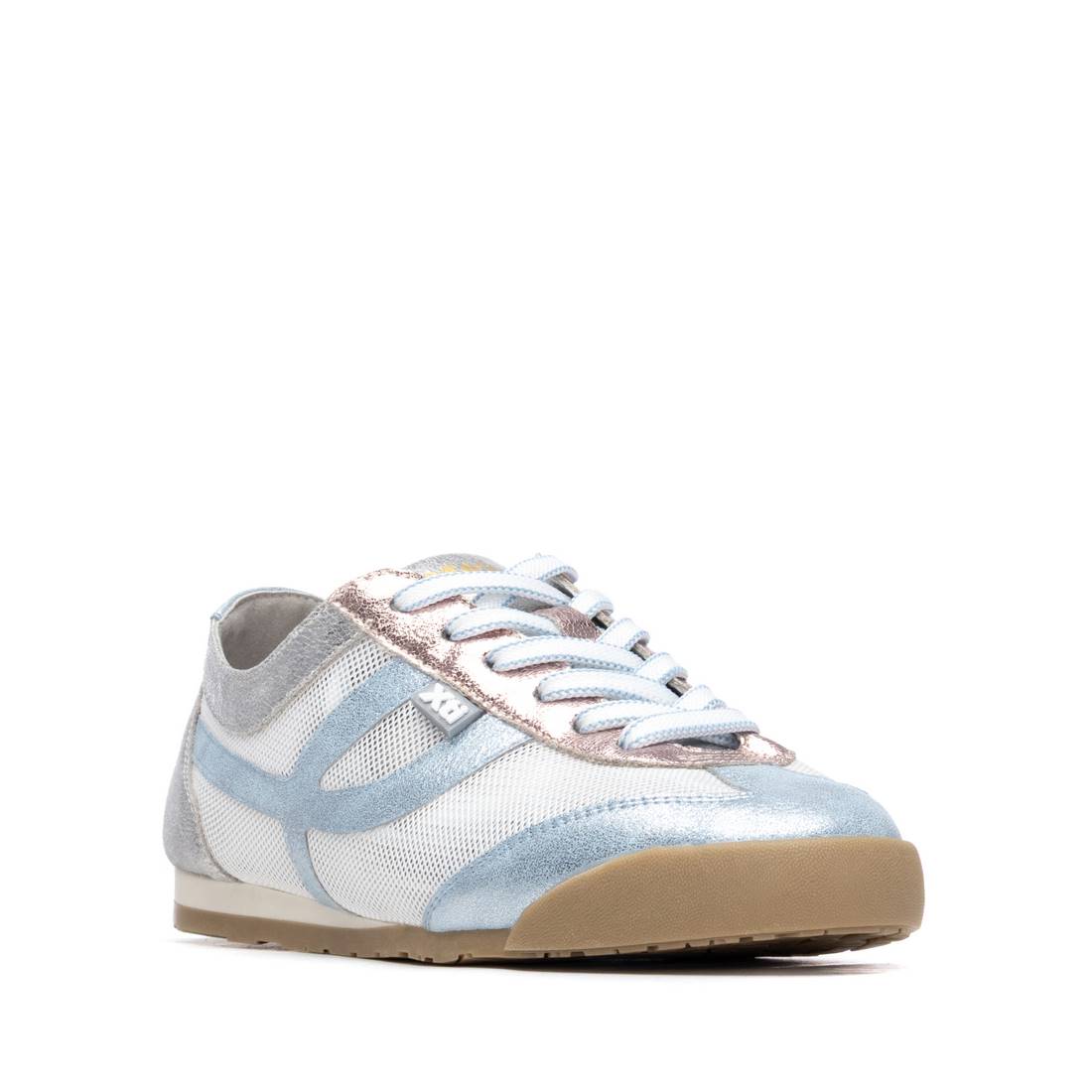 White and light blue sneaker with brown sole 