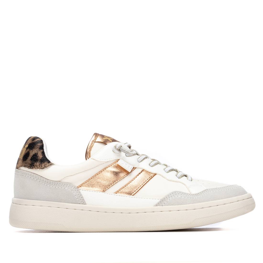 White sneaker with gold and leopard print accents 
