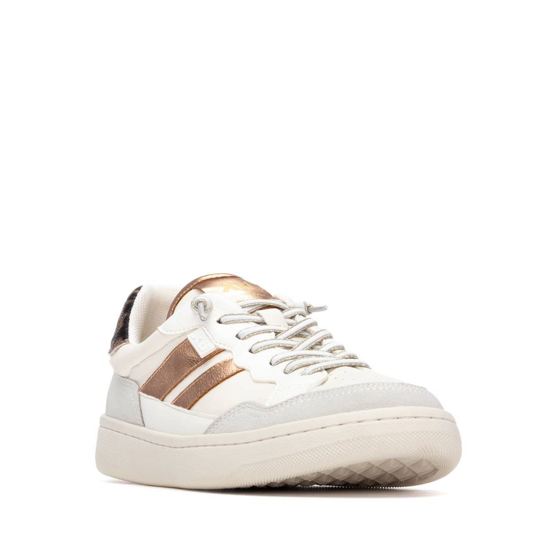 White sneaker with gold accents 