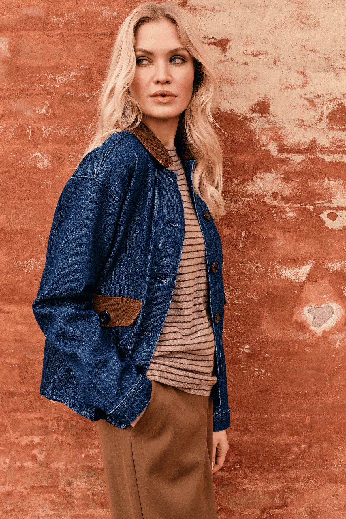 B. Copenhagen denim jacket with corduroy collar on model
