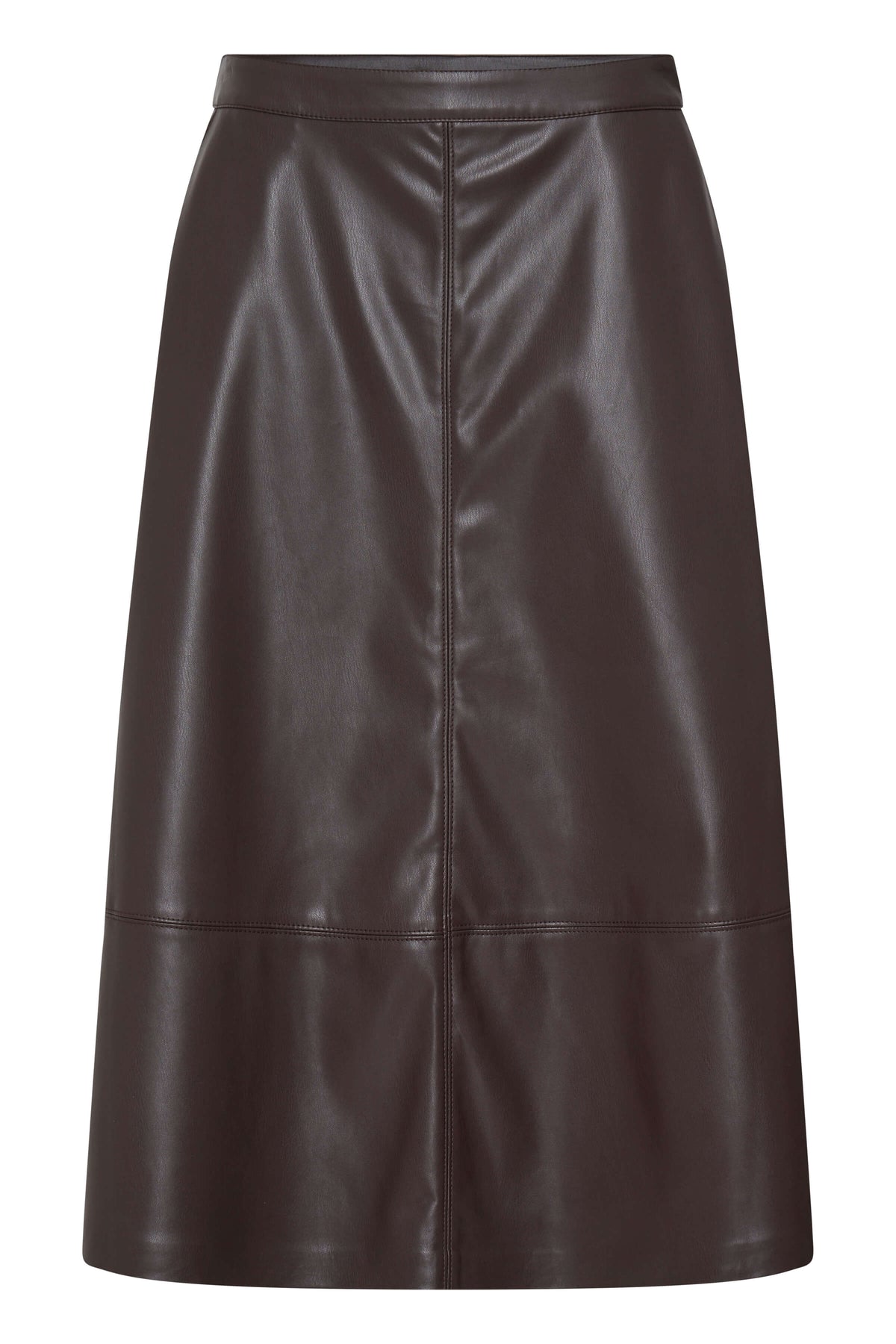 b.young Daja brown A-line leather-look midi skirt shown front-on with a smooth finish