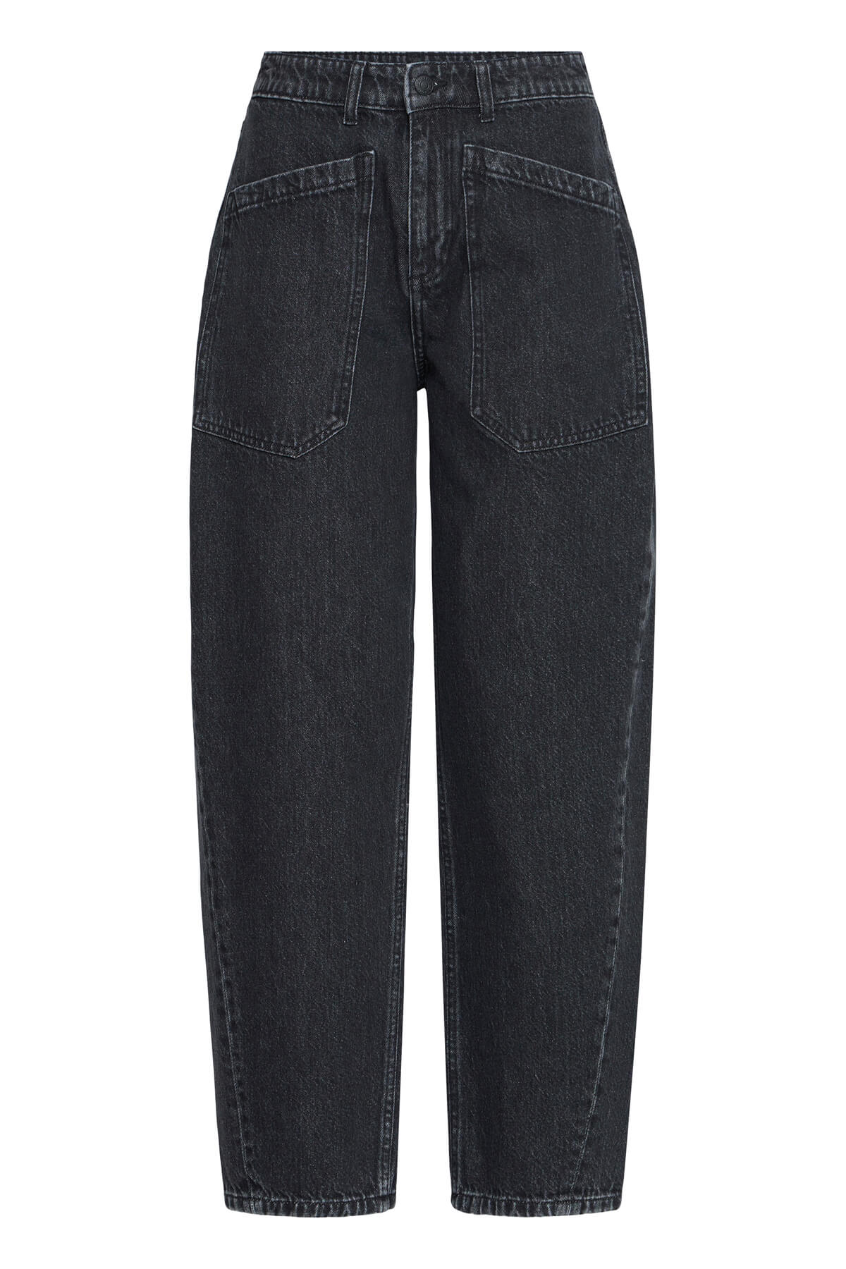 b.young Kizion black denim barrel-leg jeans shown front-on with angled patch pockets