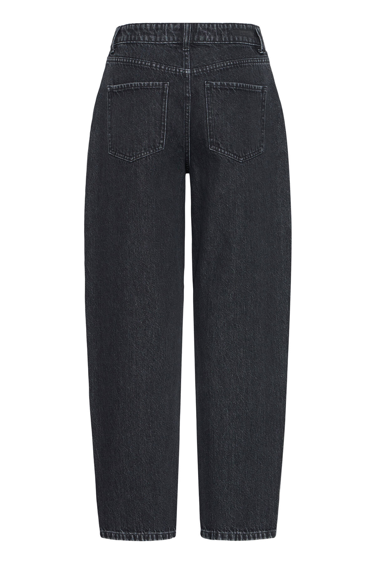 b.young Kizion black denim barrel-leg jeans shown from the back with rear patch pockets
