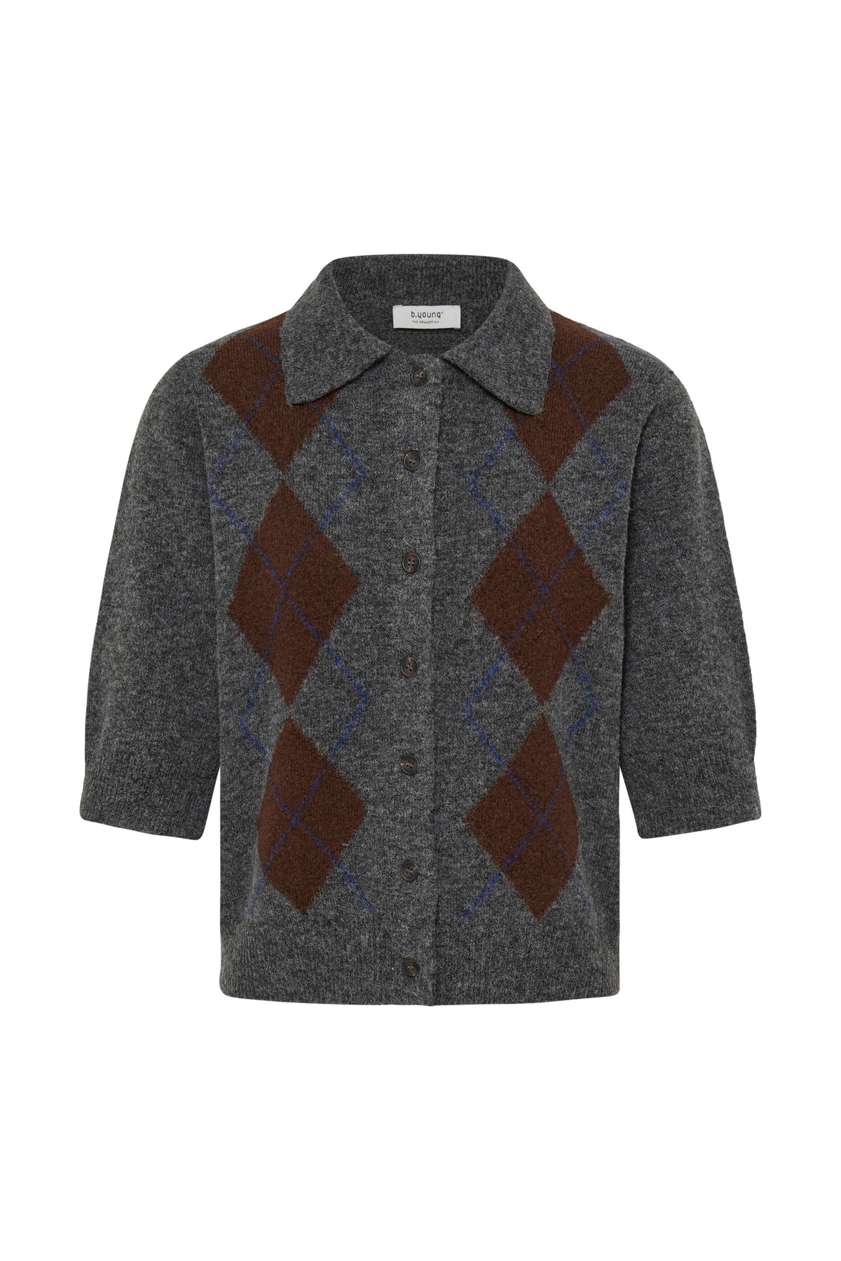 b.young Ofira dark grey argyle cardigan front view with shirt collar and button fastening