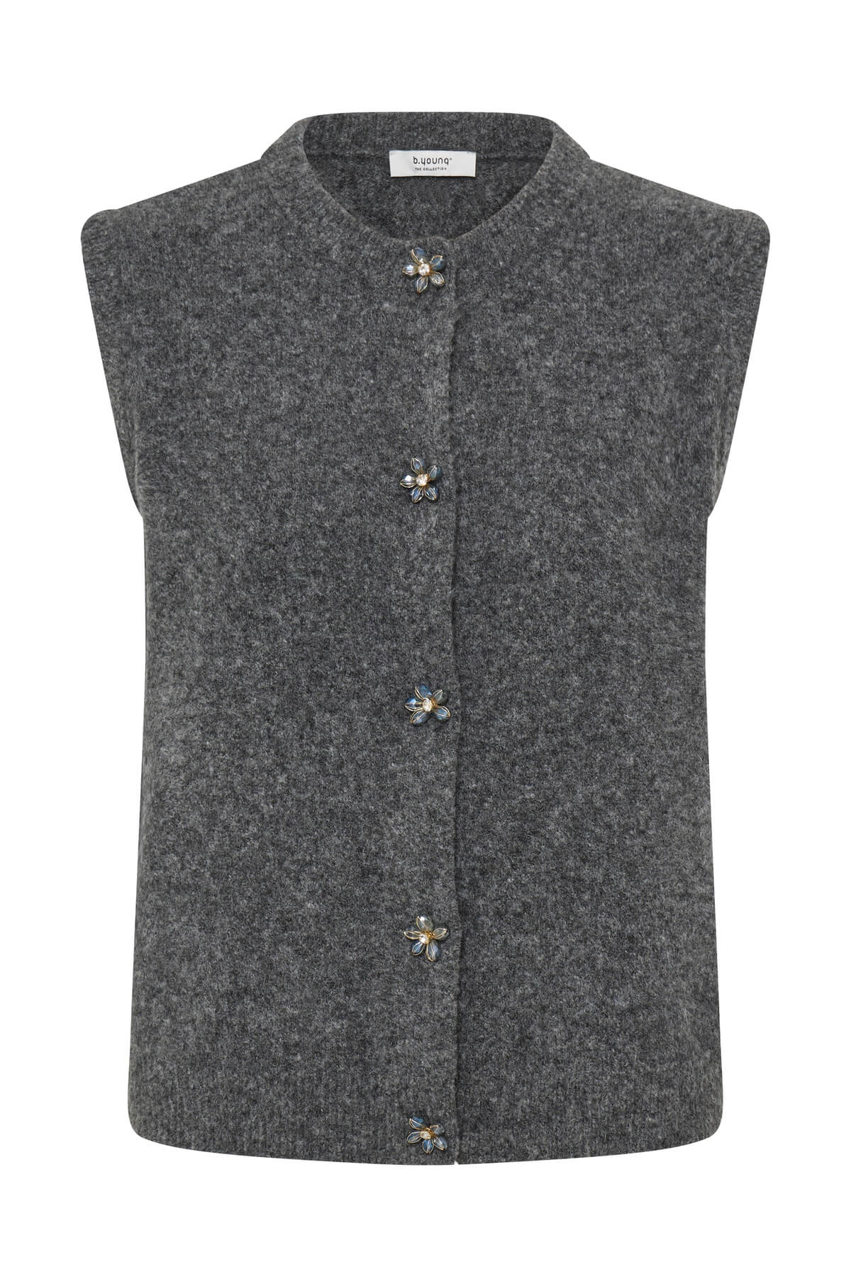 b.young Omea sleeveless vest shown front-on with decorative floral buttons
