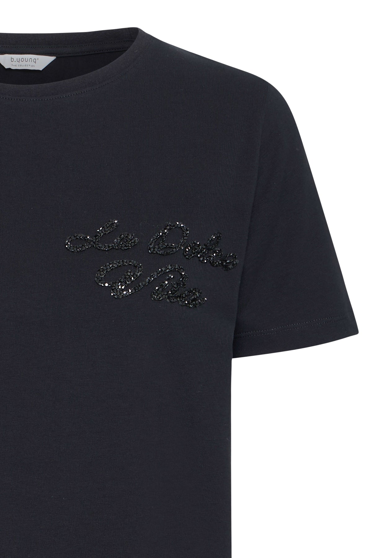 Close-up of the b.young Padinna T-shirt showing the black sequin script embellishment on the chest