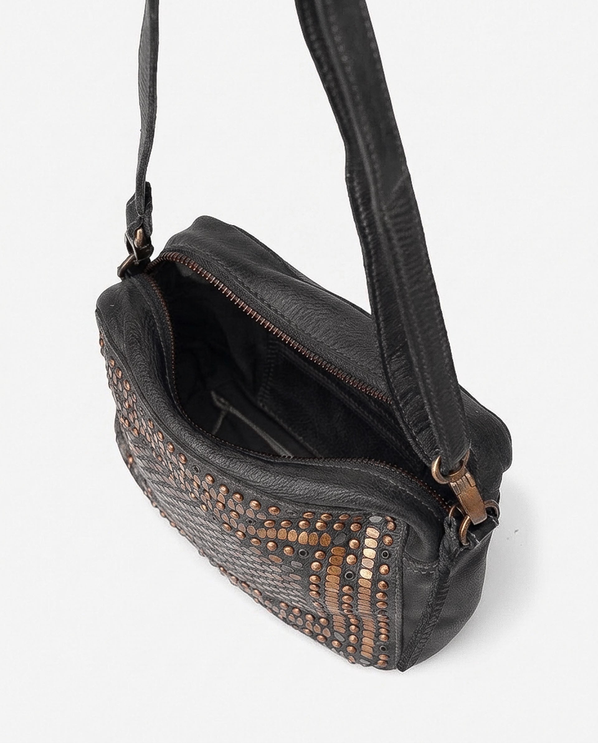 Black leather crossbody bag with a studded front panel and a long shoulder strap from BIBA