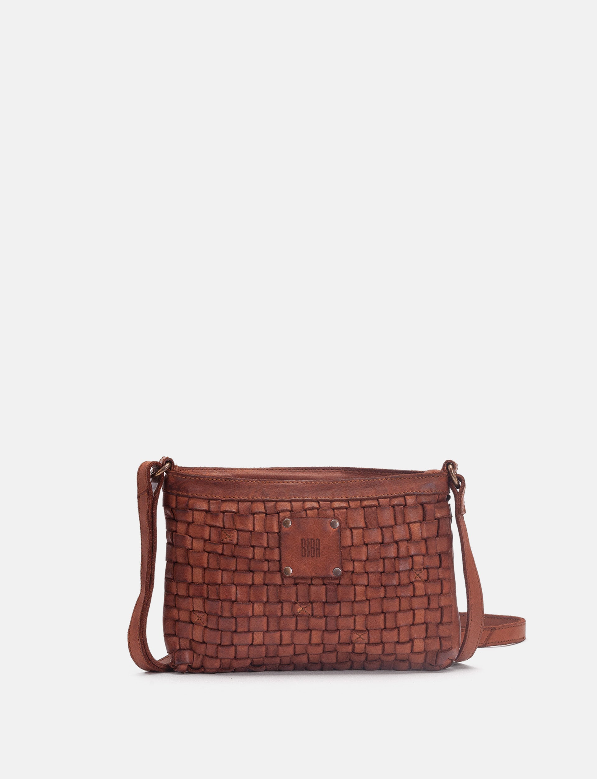 Brown woven leather crossbody bag 