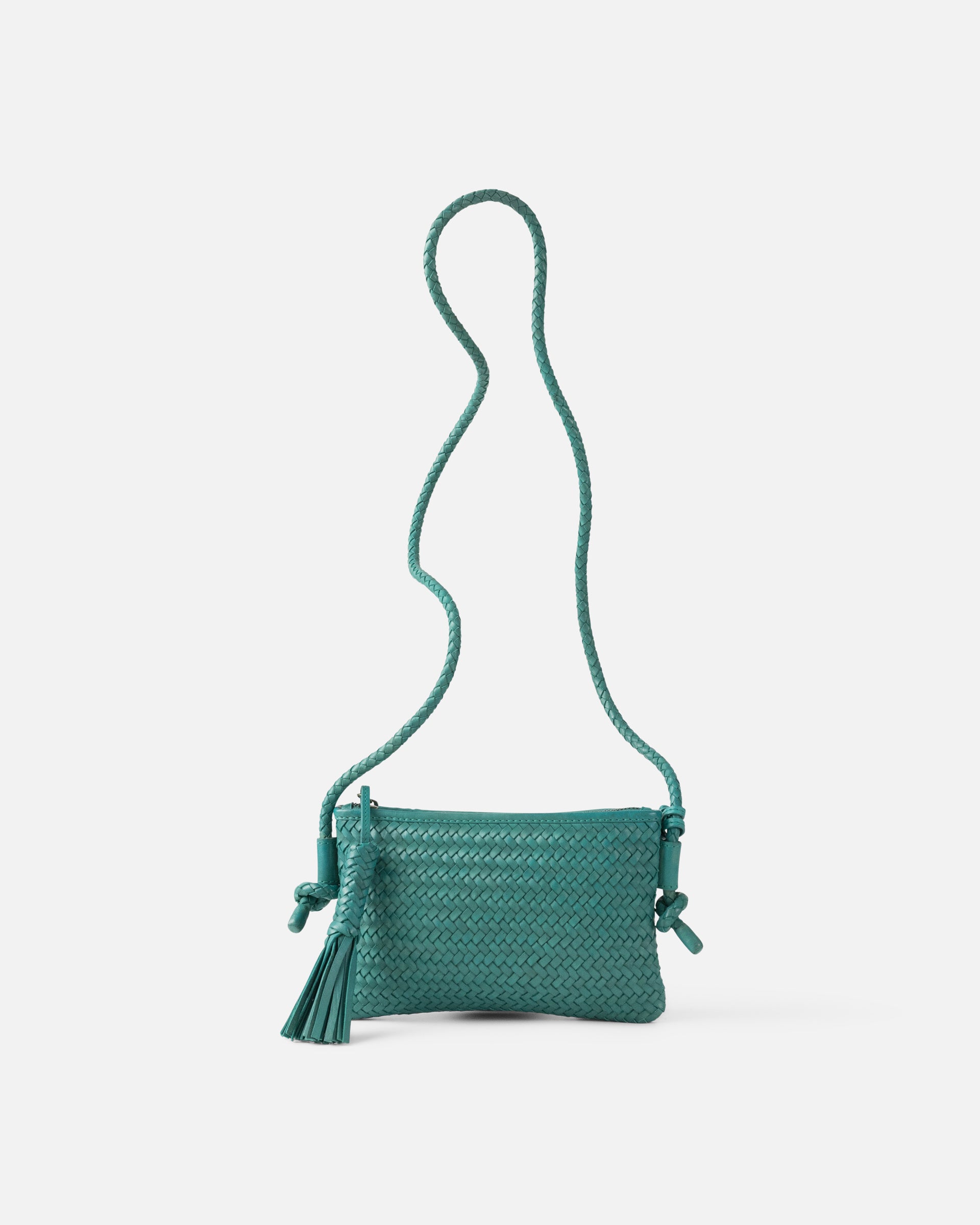 Green woven handbag with a rope shoulder strap 