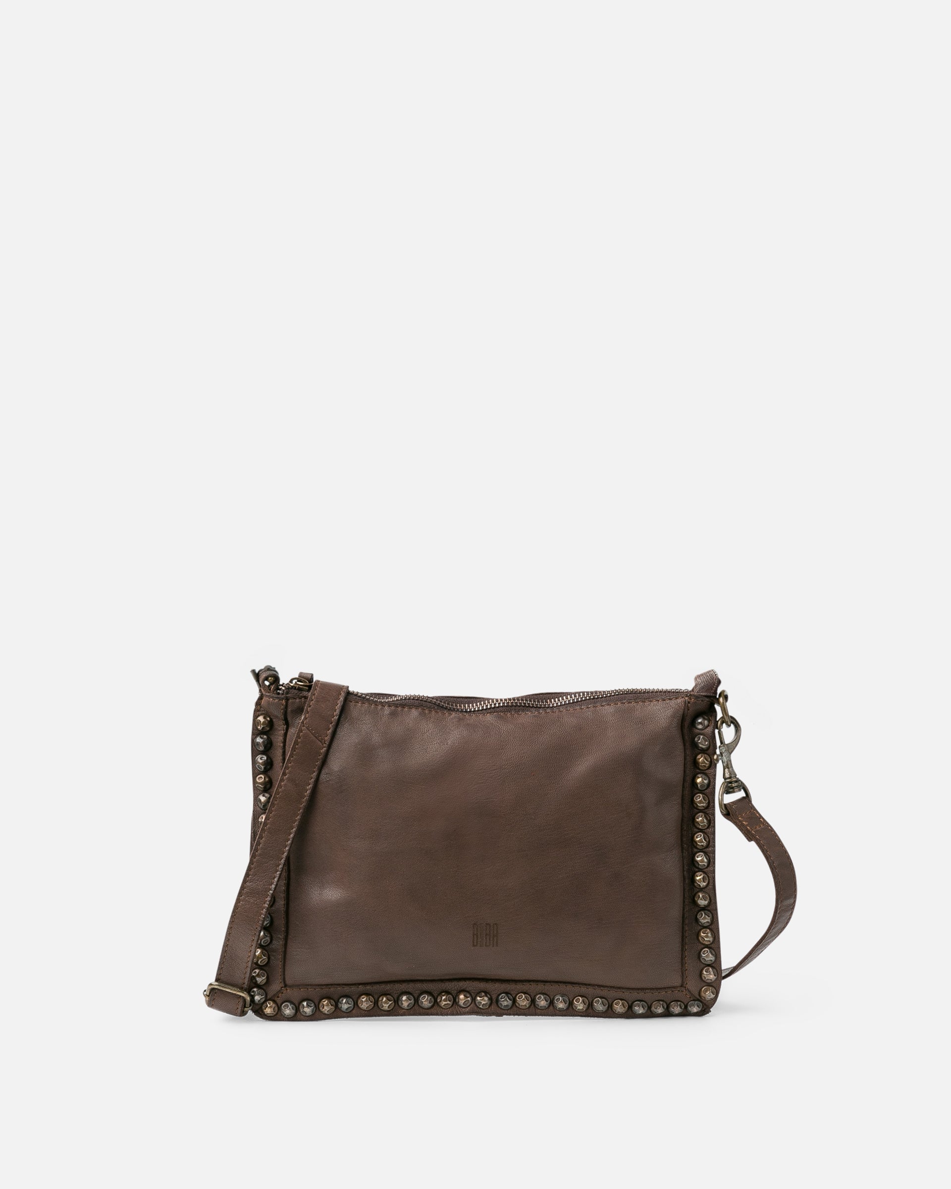 Brown leather crossbody bag with studs 