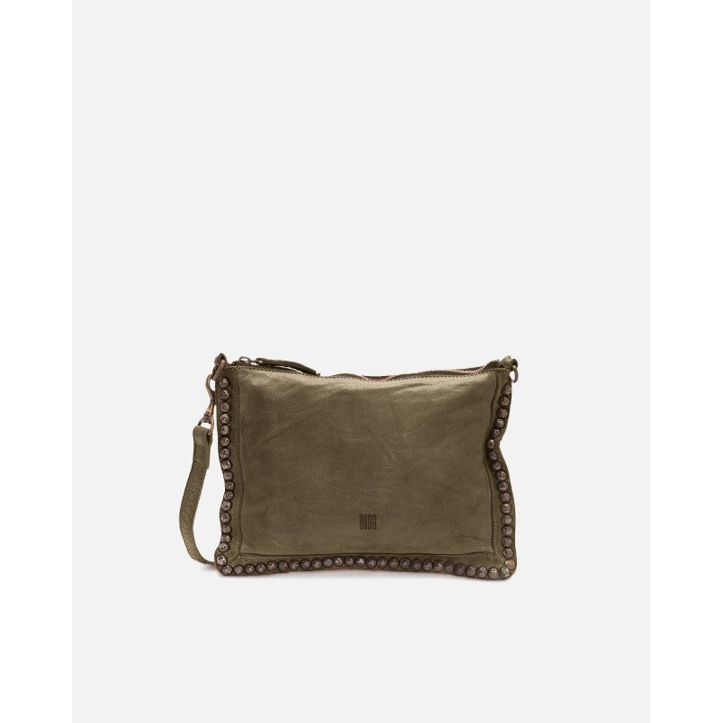 Khaki green leather handbag with studs 