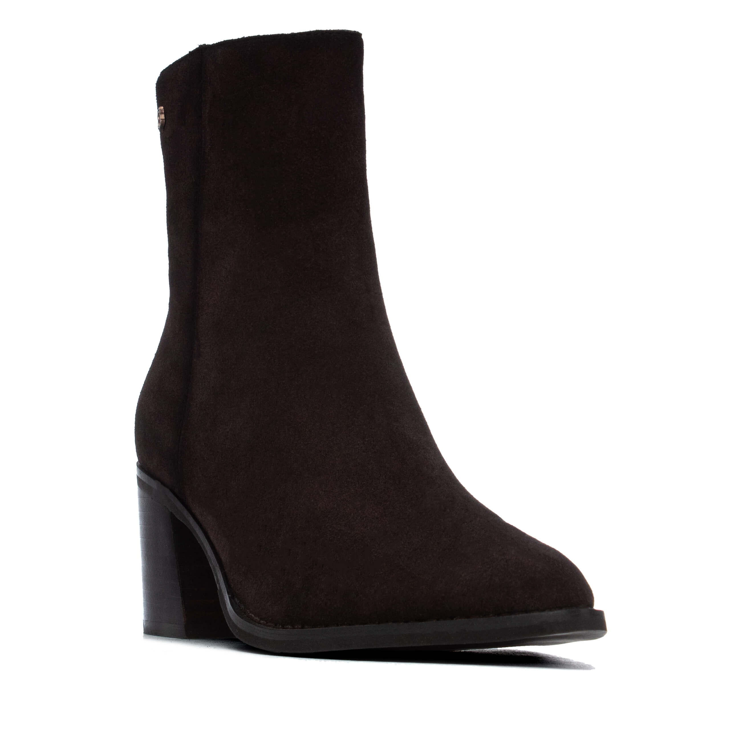 Carmela suede ankle boot with rounded toe and side zip
