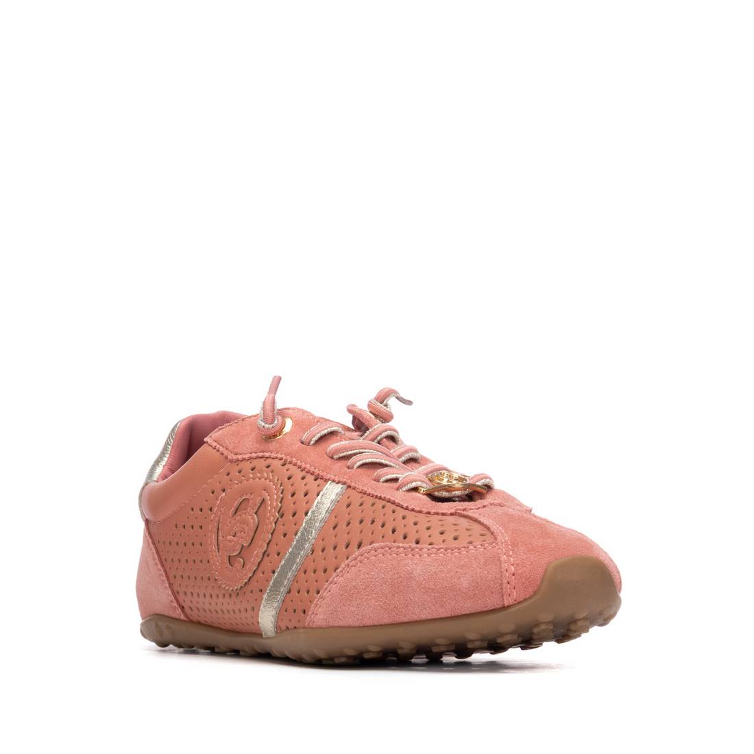 Coral sneaker with a gold stripe 