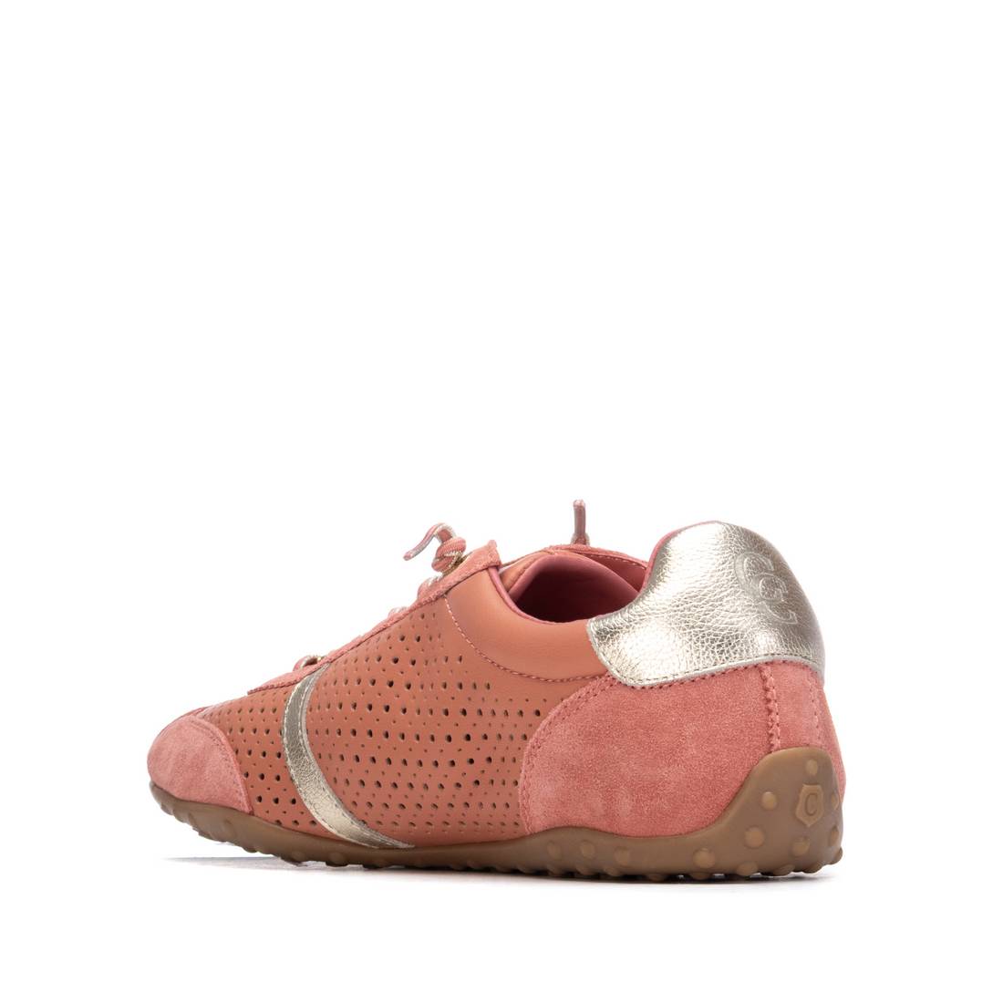 Coral leather sneaker with gold accents 