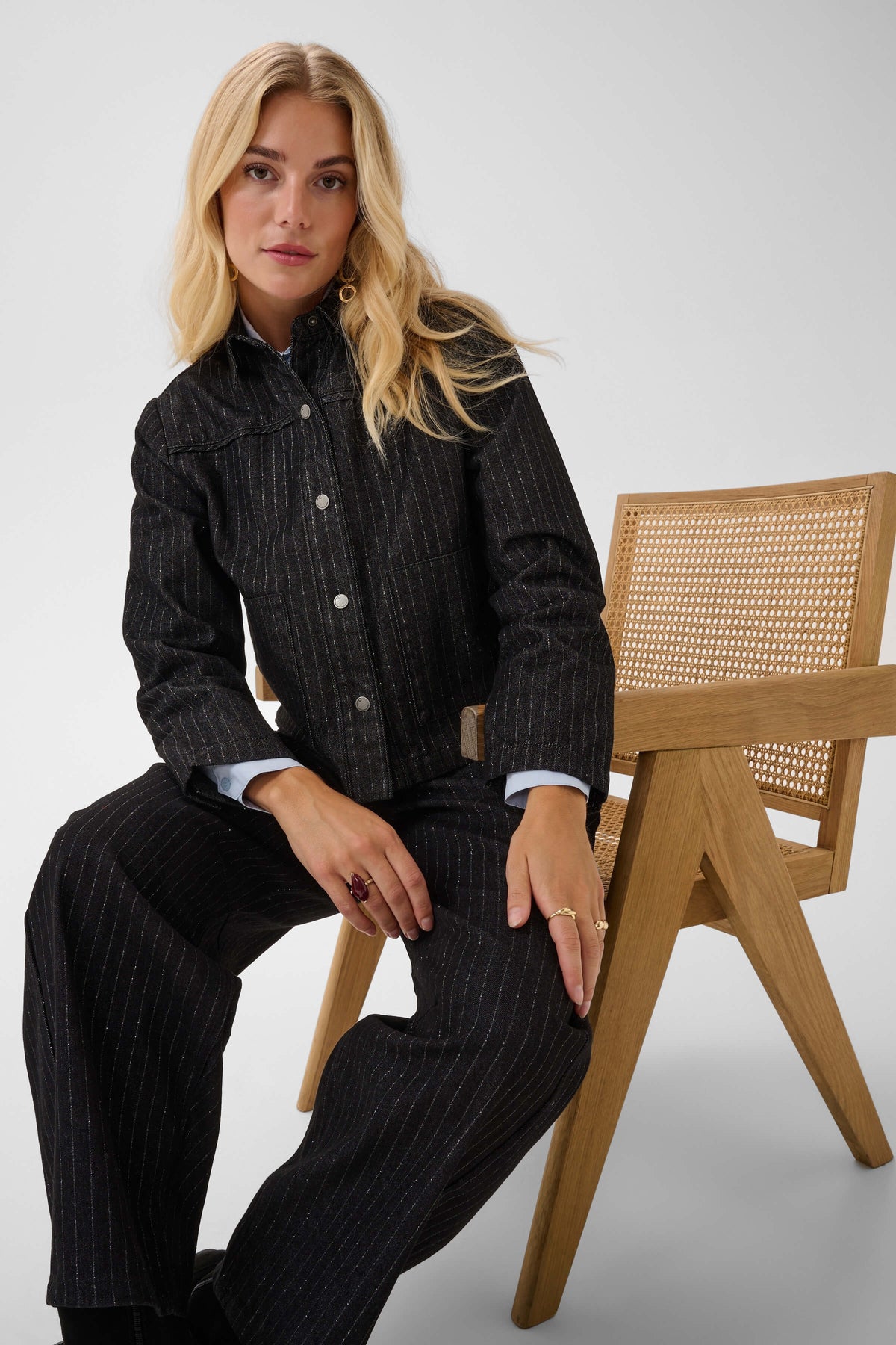 Cream Marelli pinstripe denim shirt detail