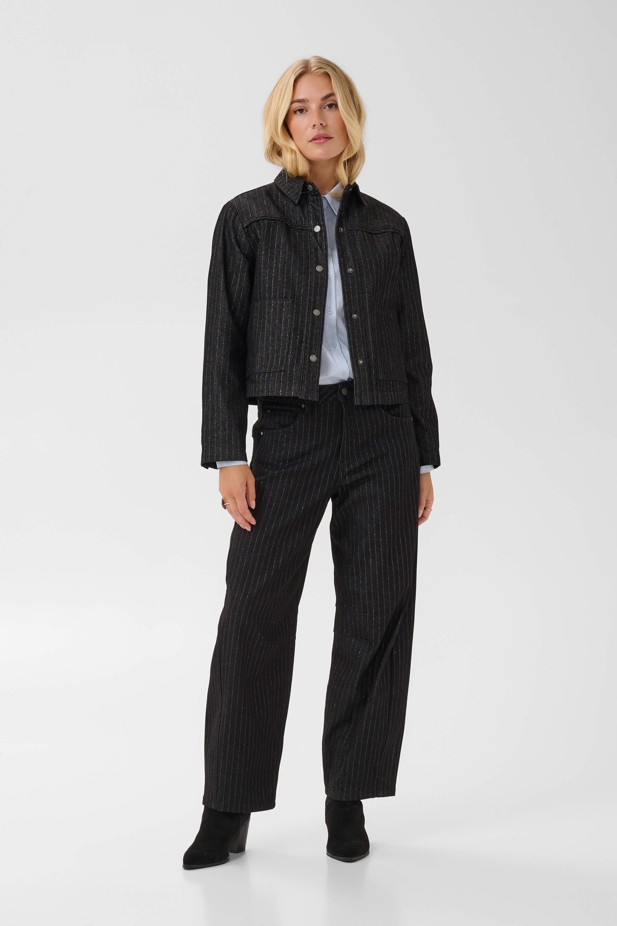 Cream Marelli pinstripe denim shirt with point collar