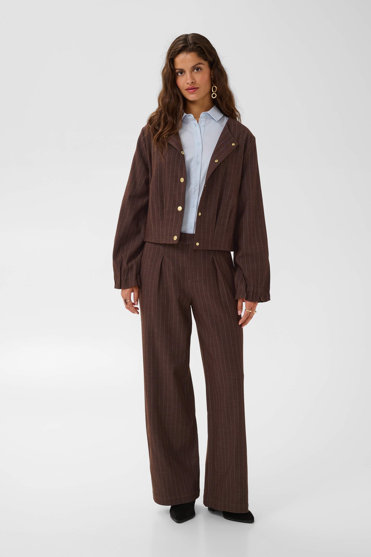 Cream Tingle cropped pinstripe jacket front view