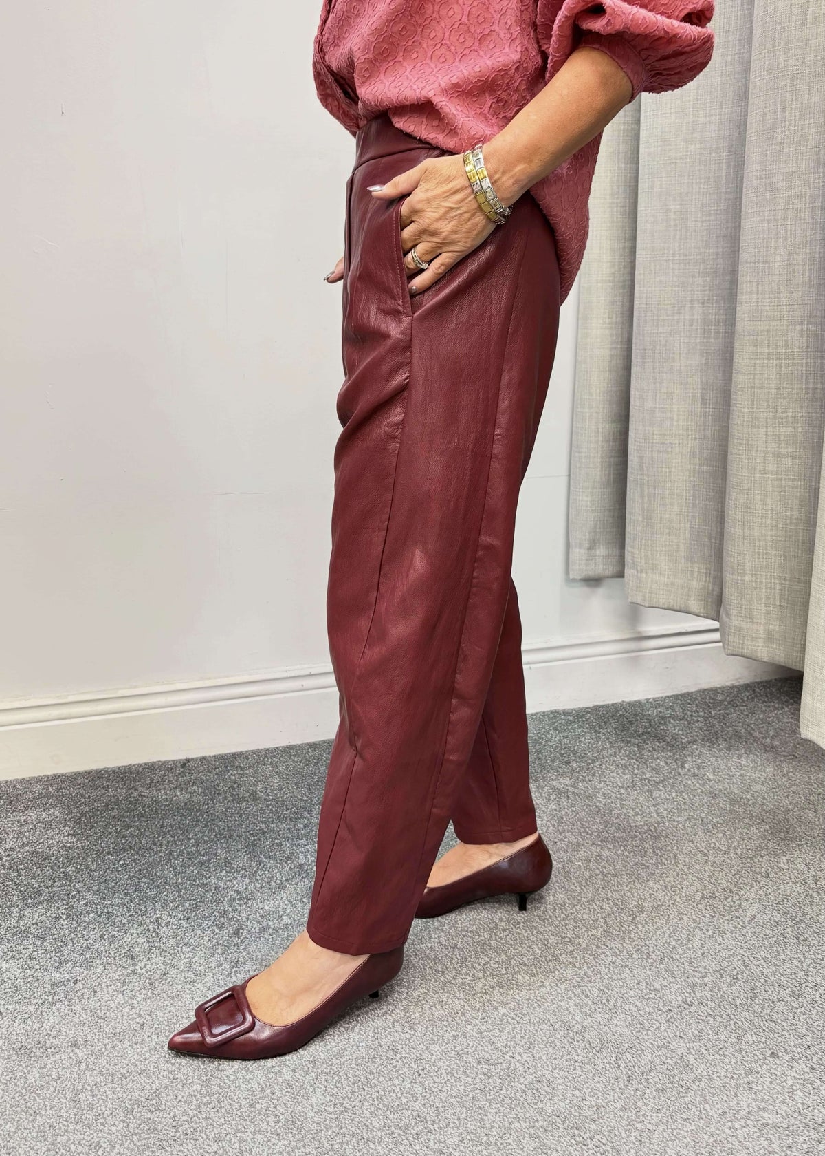 Darling faux leather trousers in berry - side view
