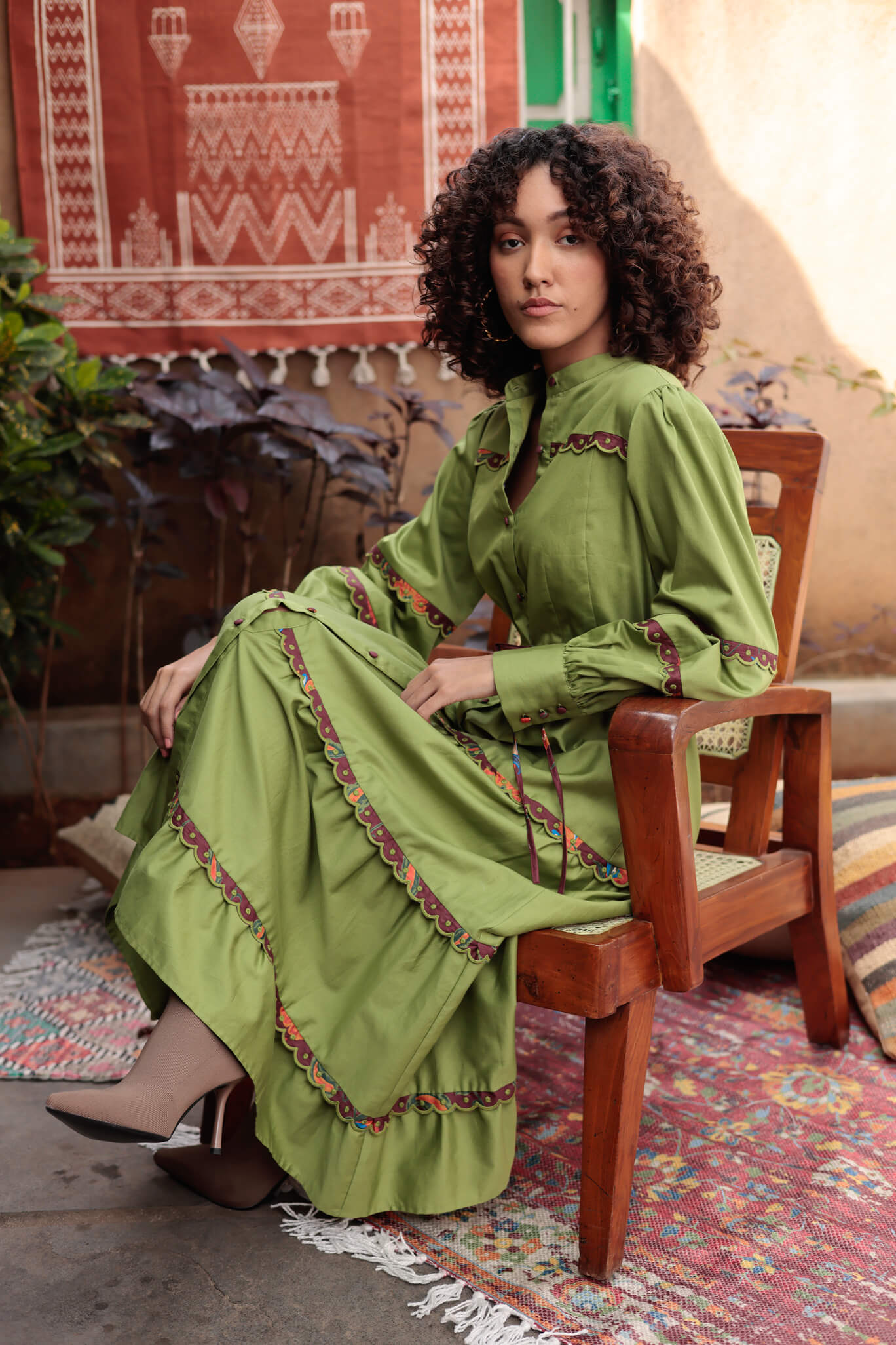Emily Lovelock statement sleeve embroidered maxi dress