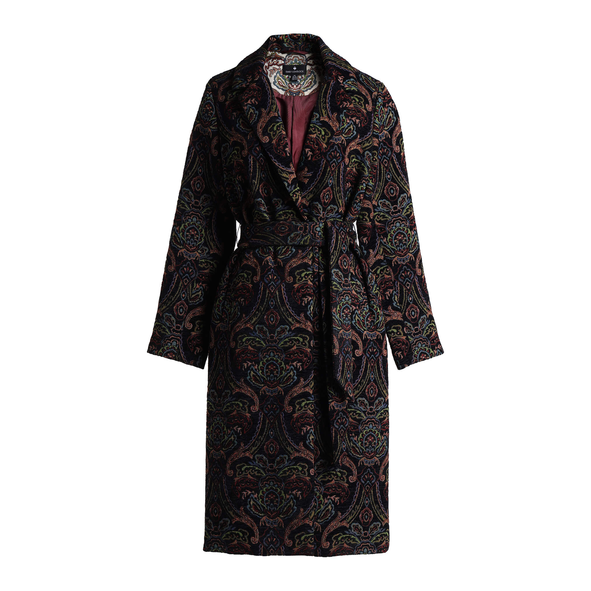Emily Lovelock Deborah patterned longline coat with tie belt, front view