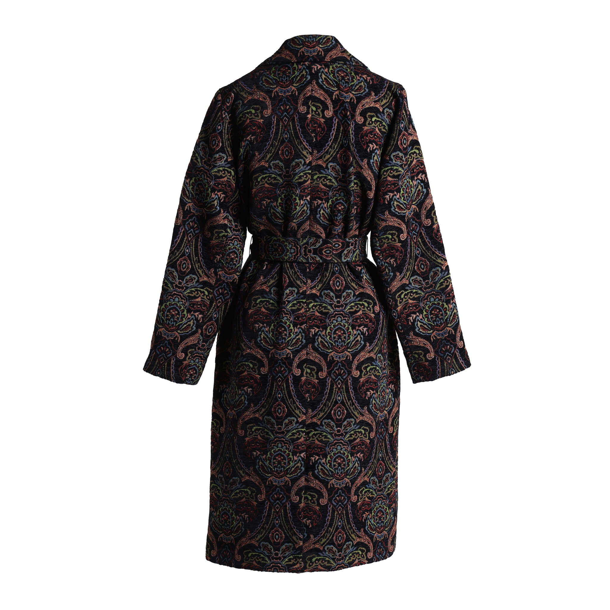 Back view of Emily Lovelock Deborah multicoloured paisley-patterned coat