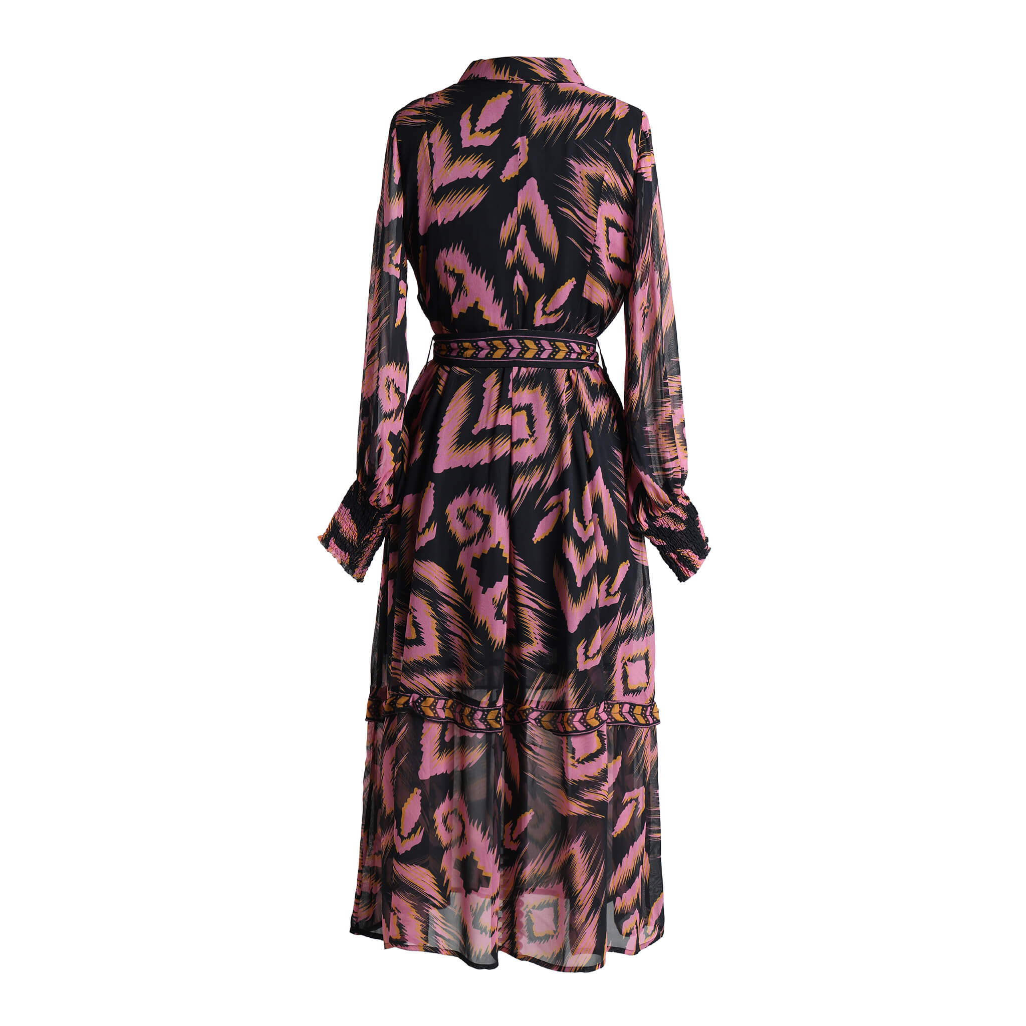 Back view of Emily Lovelock June black, pink and mustard maxi dress