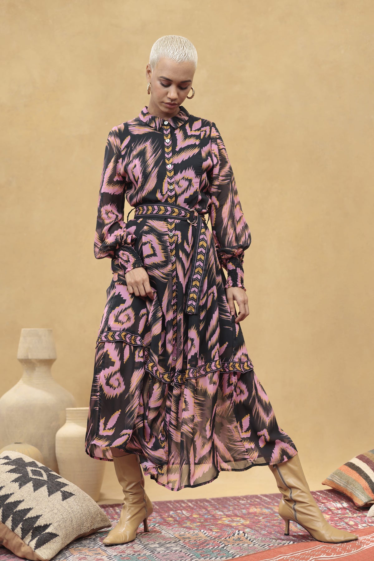 Emily Lovelock June maxi dress with shirred cuffs and geometric skirt trim